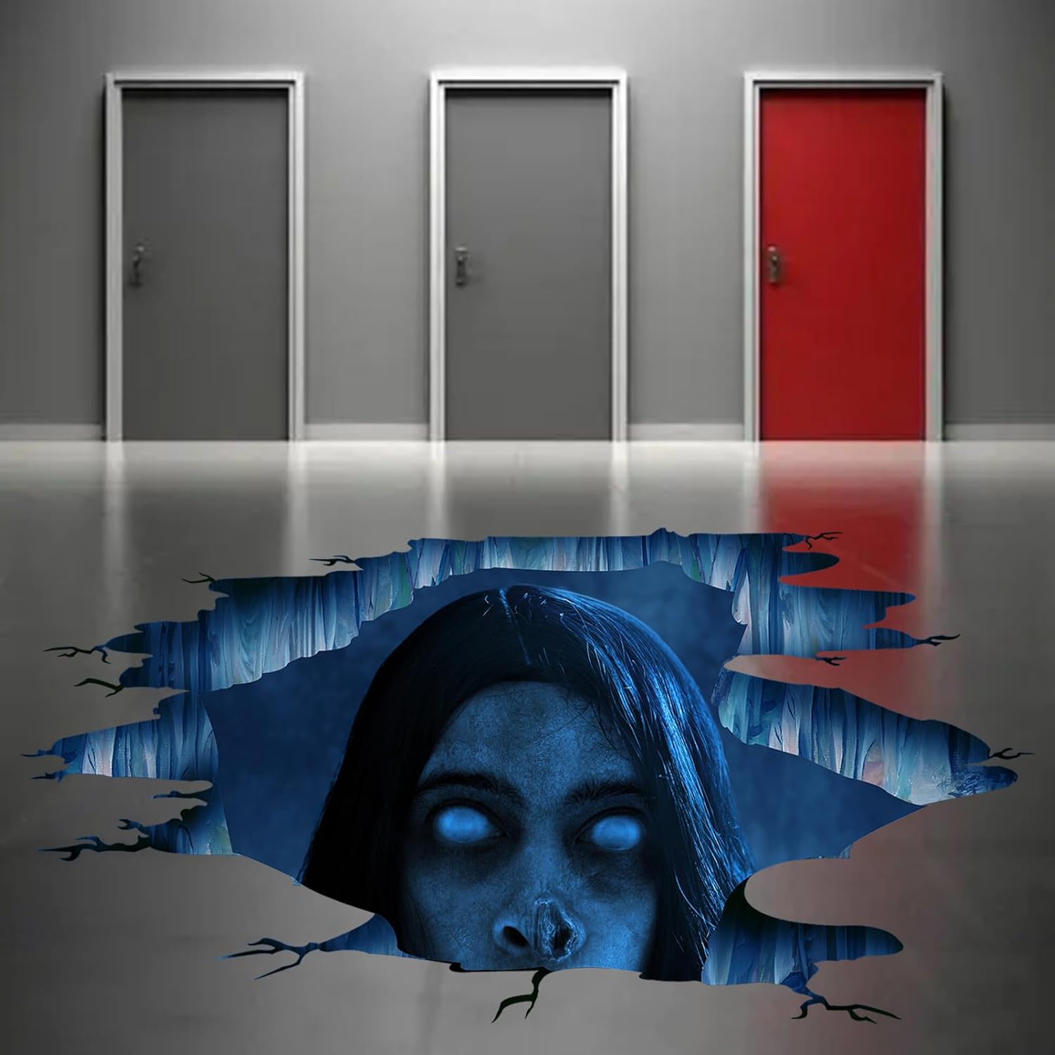 Dosminer Calcomanías 3D espeluznantes para suelo de Halloween, calcomanías de pared de fantasmas de Halloween para sala de estar, cabello largo y