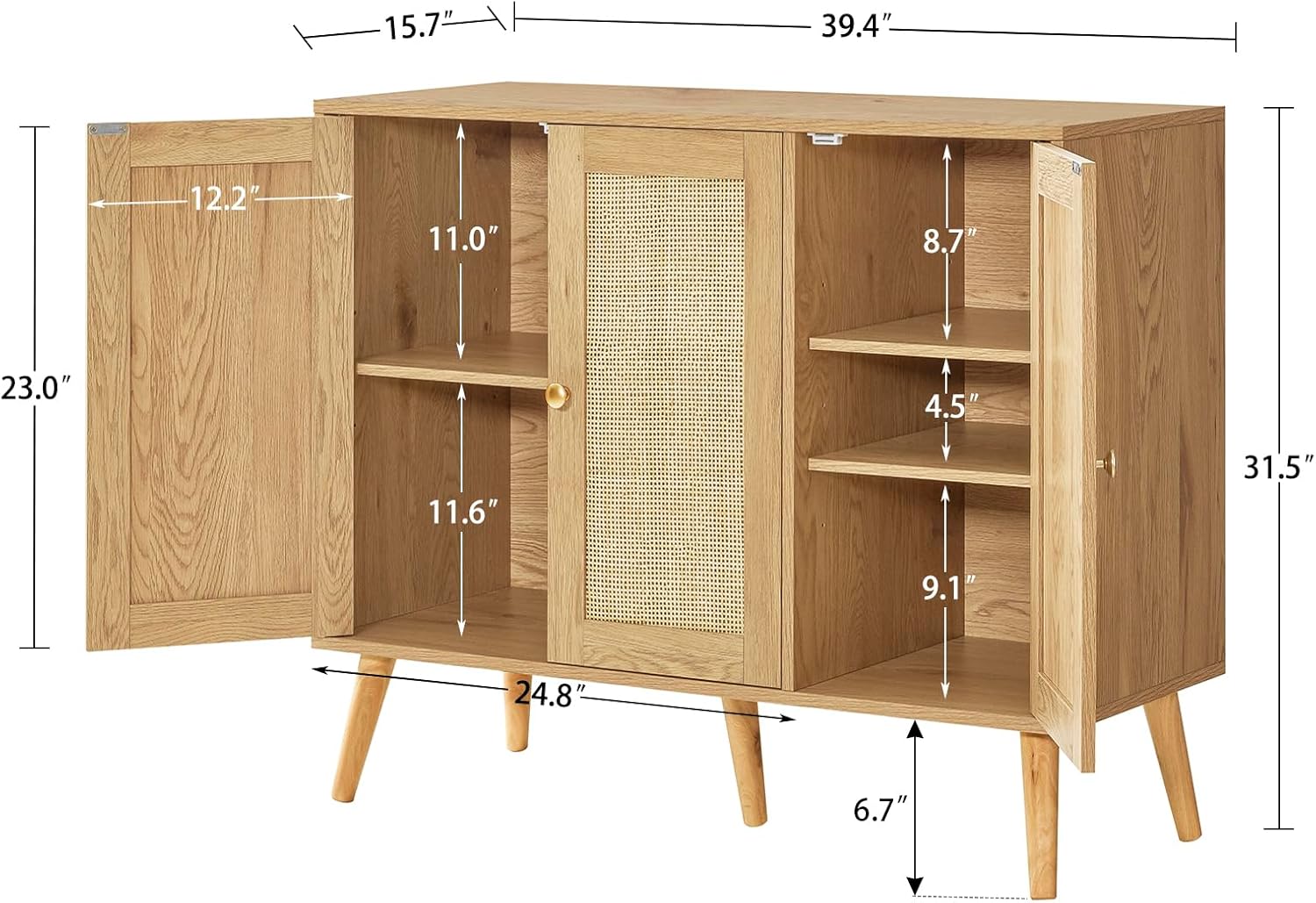 Quimoo Aparador de buffet, gabinete de ratán bohemio con 3 estantes ajustables y puertas de ratán, mesa de entrada para sala de estar, comedor,