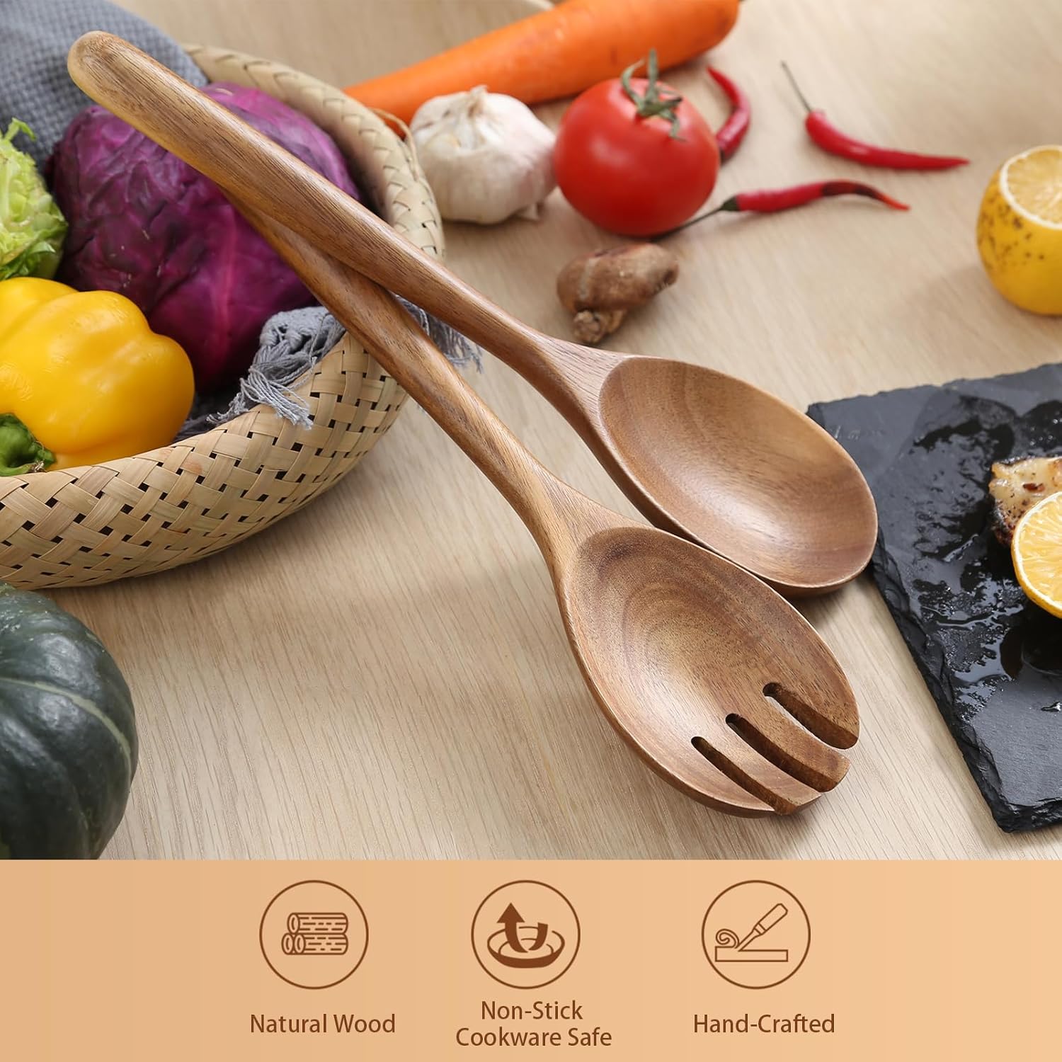 Cucharas de madera para cocinar, cucharas de madera cómodas de mango grueso de 12 pulgadas, utensilios de cocina de madera para agitar, raspar,