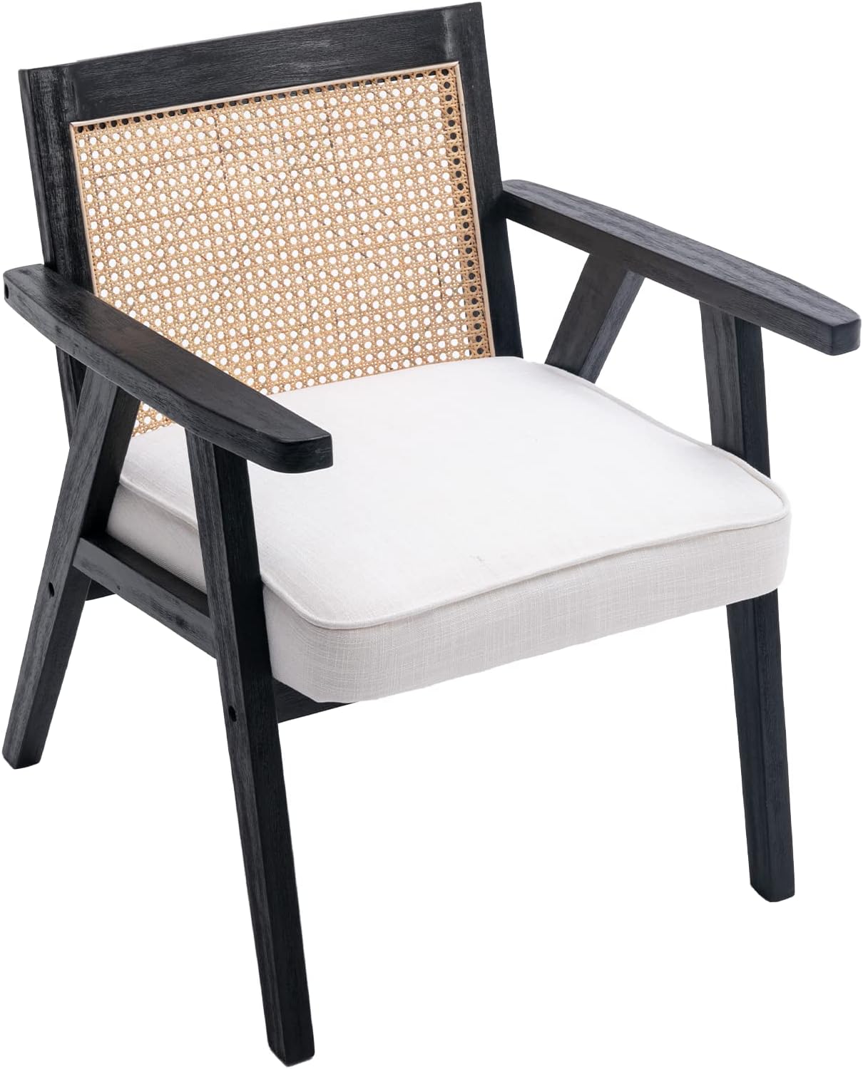 chairus Silla decorativa para sala de estar, sillón tapizado de lino con respaldo de ratán transpirable y madera maciza negra, moderna y compacta