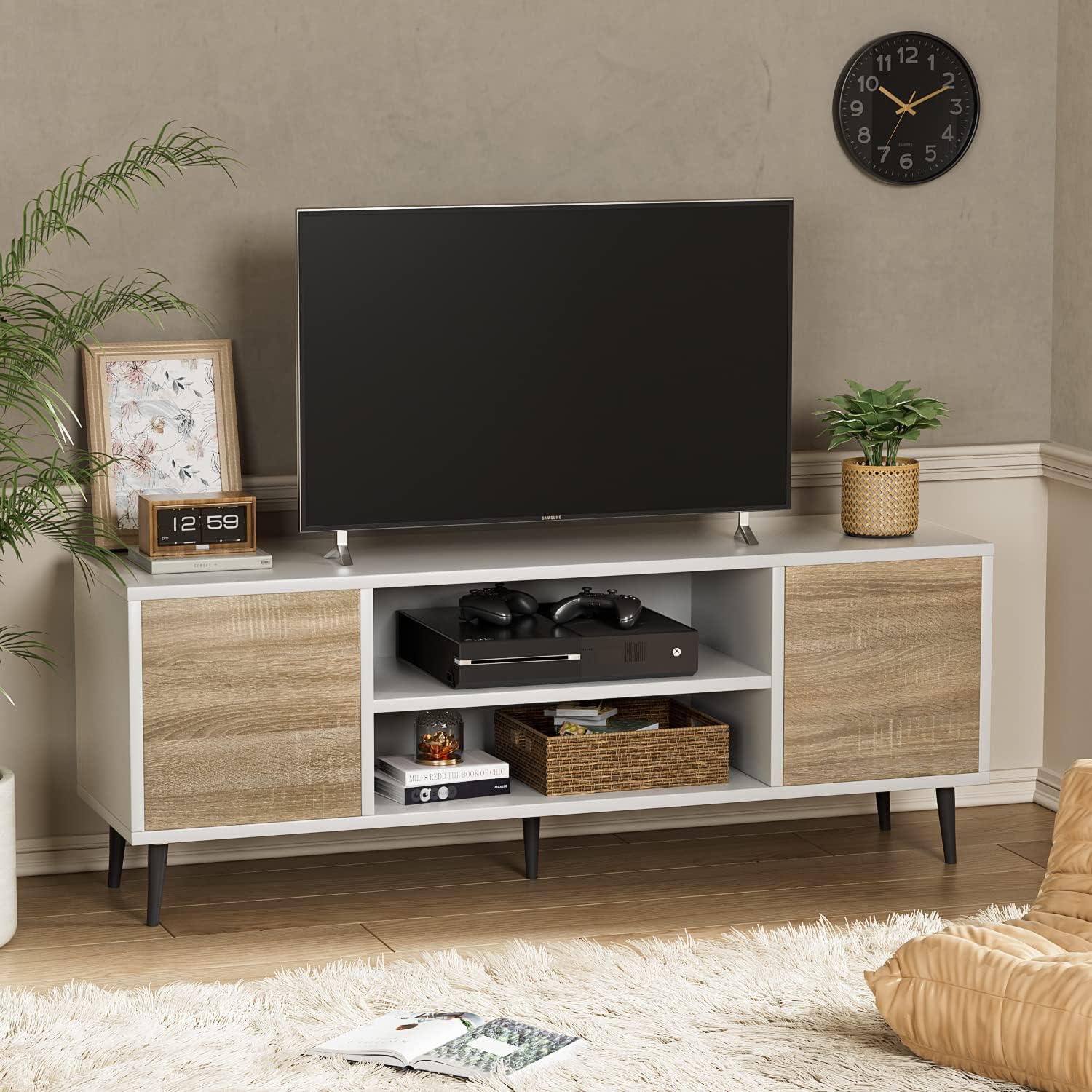 YESHOMY Moderno soporte de TV para televisión de 65 pulgadas, centro de entretenimiento con dos gabinetes de almacenamiento, consola multimedia de