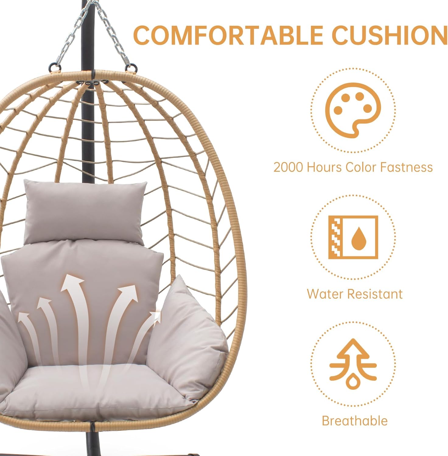 Silla colgante de huevo con soporte, hamaca de patio, silla oscilante, cesta de mimbre de ratán, altura ajustable, resistente a los rayos UV, uso en