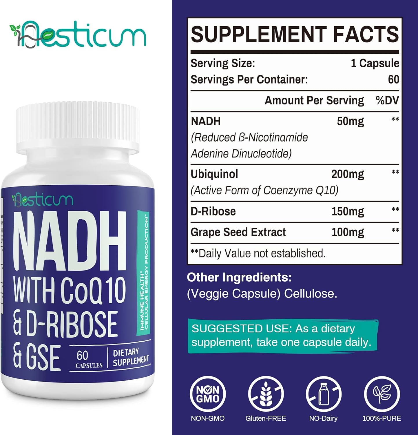 NADH 50 mg + CoQ10 200 mg + D-ribosa 150 mg Suplemento, refuerzo de NAD+ suplementos para el sistema inmunológico, energía celular, enfoque,