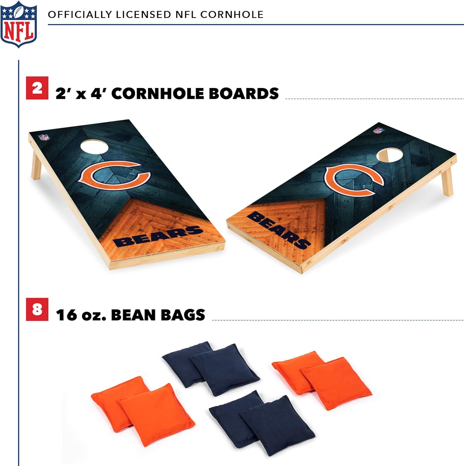 Wild Sports NFL – Juego de Cornhole de fútbol americano de 2 x 4 pies, tamaño reglamentario, de madera maciza con impresión directa, gráficos de
