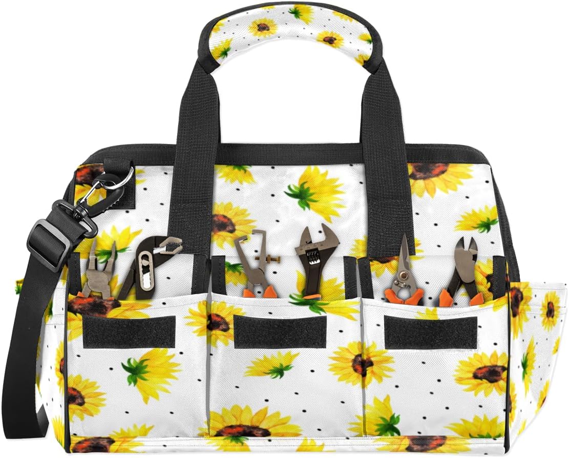 Bolsa de herramientas con patrón de girasol para mujer, organizador de bolsa de herramientas con bolsillos para correa de hombro, duradera, para