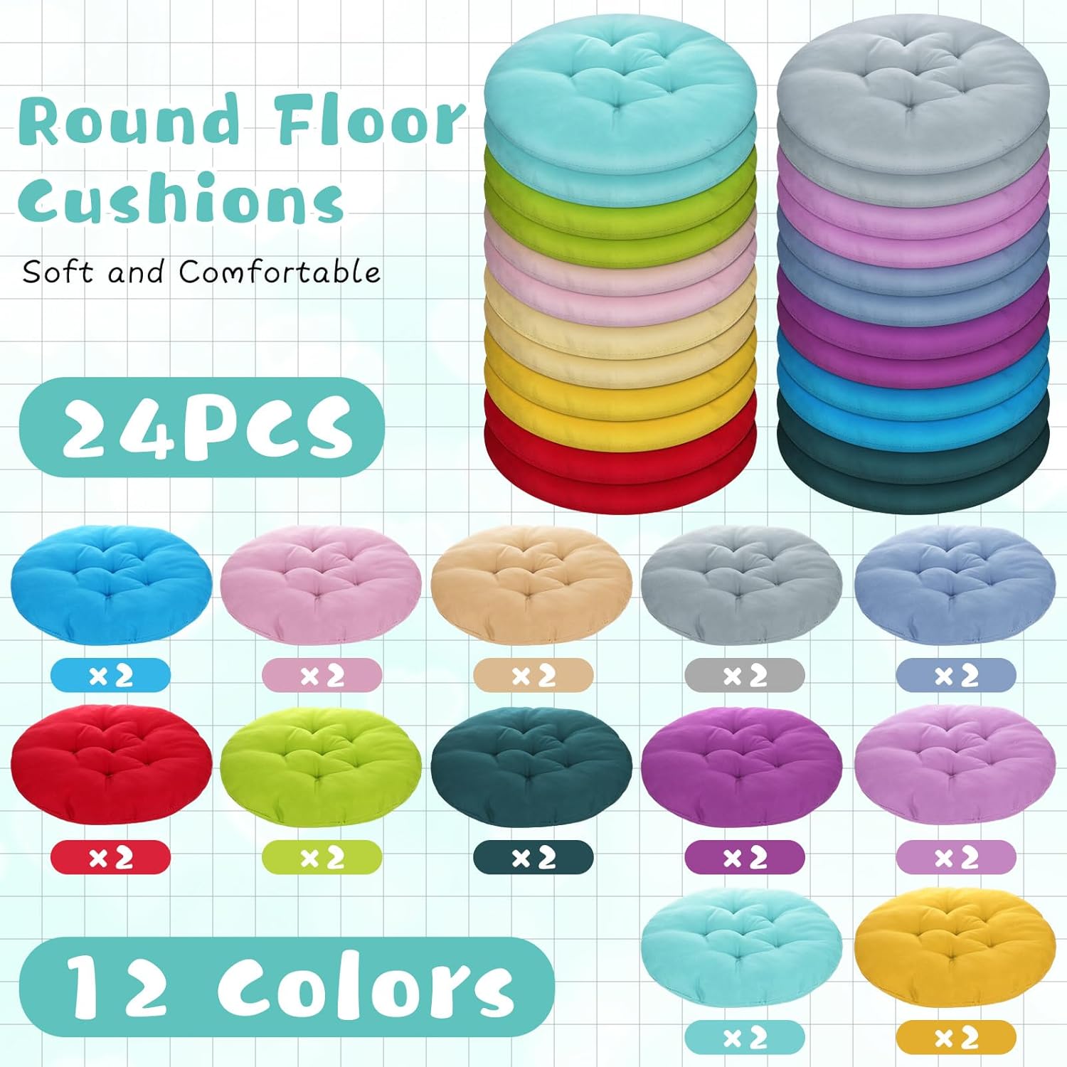 Tinideya 24 cojines redondos de suelo de 15.7 pulgadas, almohadas de asiento de meditación, asientos flexibles para adultos y niños, cojines de