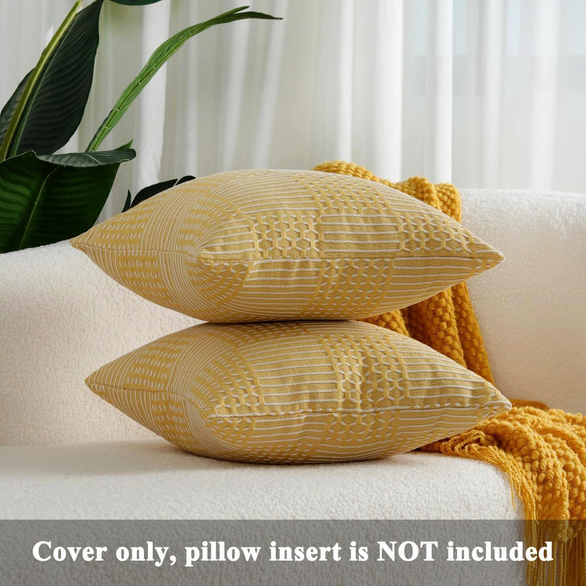 Juego de 2 fundas de almohada bohemias a rayas, suaves, cuadradas, decorativas, para sofá y cama, 16 x 16 pulgadas, color amarillo