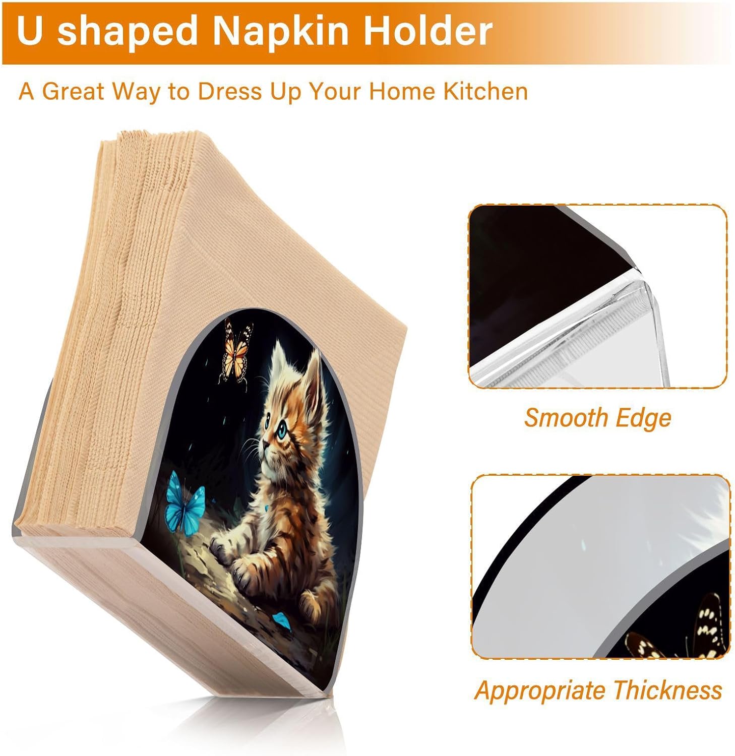 Cat Butterfly Napkin Holder for Table, Acrylic Upright Non Slip Tabletop Freestanding Tissue Paper Dispenser for Kitchen Restaurant Home Hotel Decor