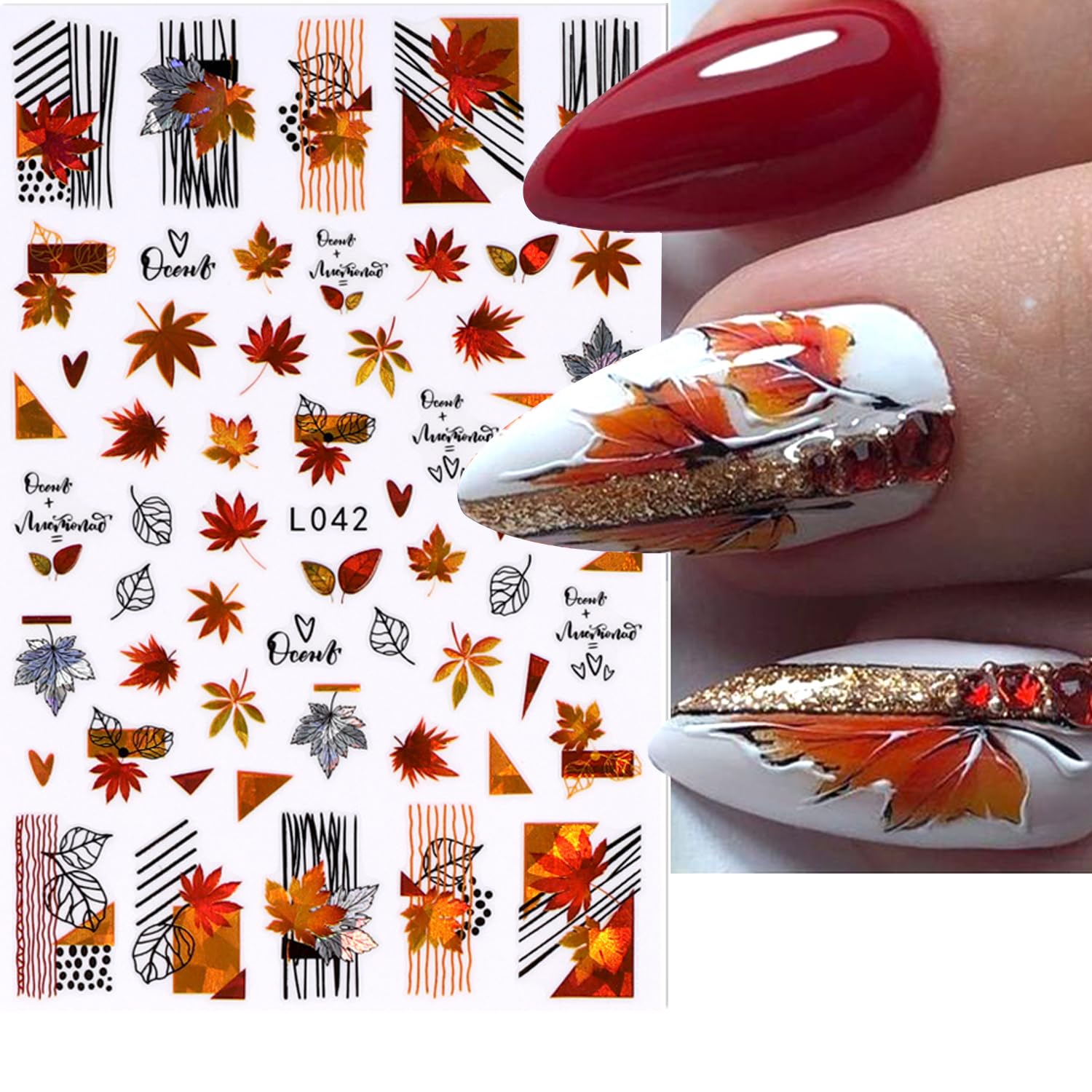 Adhesivo de uñas de otoño, hojas de arce, calcomanías de uñas láser de otoño con hoja de arce, hongos, diseño autoadhesivo para uñas acrílicas,