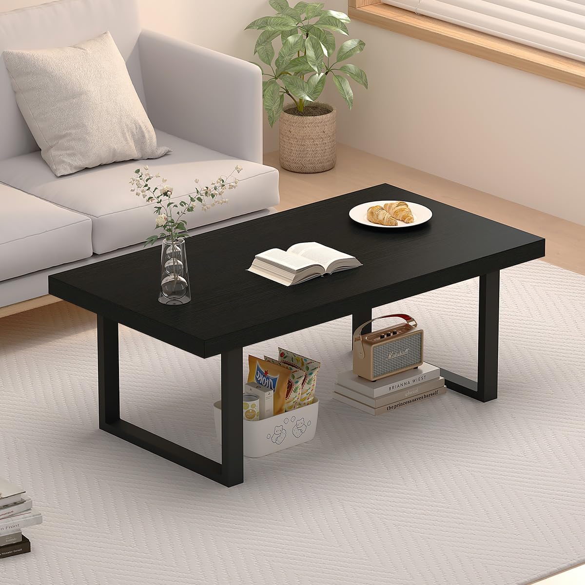 IBF Mesa auxiliar negra, mesa central de madera industrial minimalista, mesa rectangular moderna y sencilla para sala de estar, mesa de café de