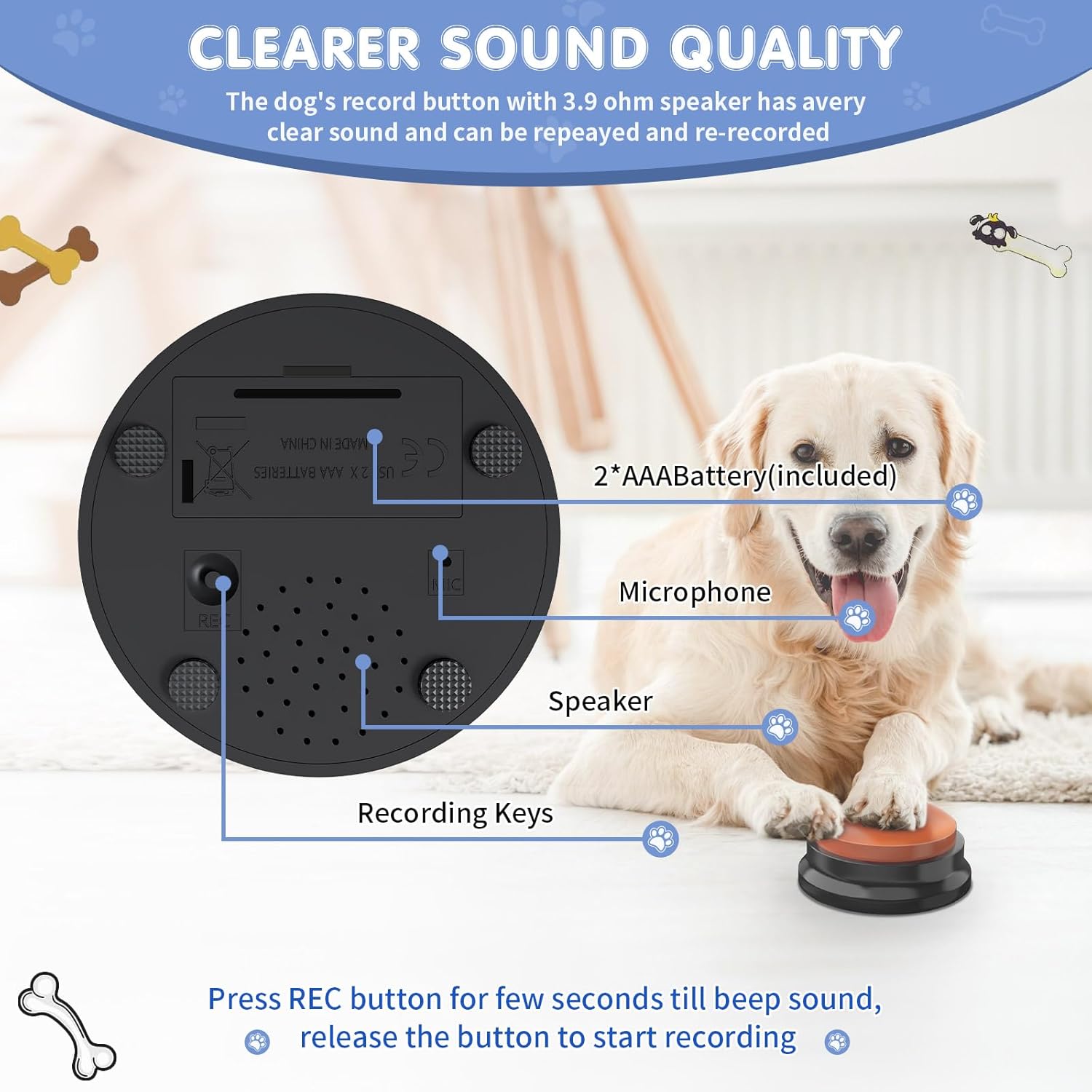 Botones para comunicación para perros, juego de 8 botones de conversación para perros, botones de entrenamiento de voz grabables de 30 segundos, con