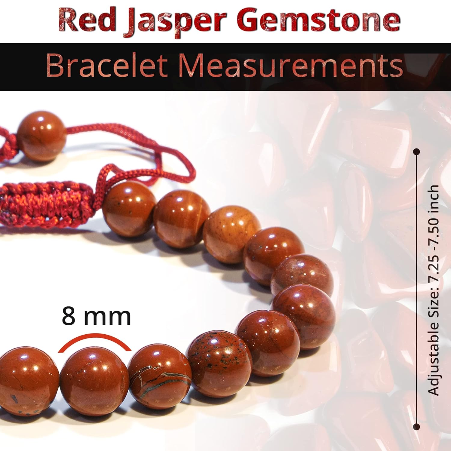 Red Jasper Crystal Bracelet  Gemstone Bead Bracelet with Adjustable Macrame String  Chic Gemstone Bracelet for Men and Women  8mm Round Healing