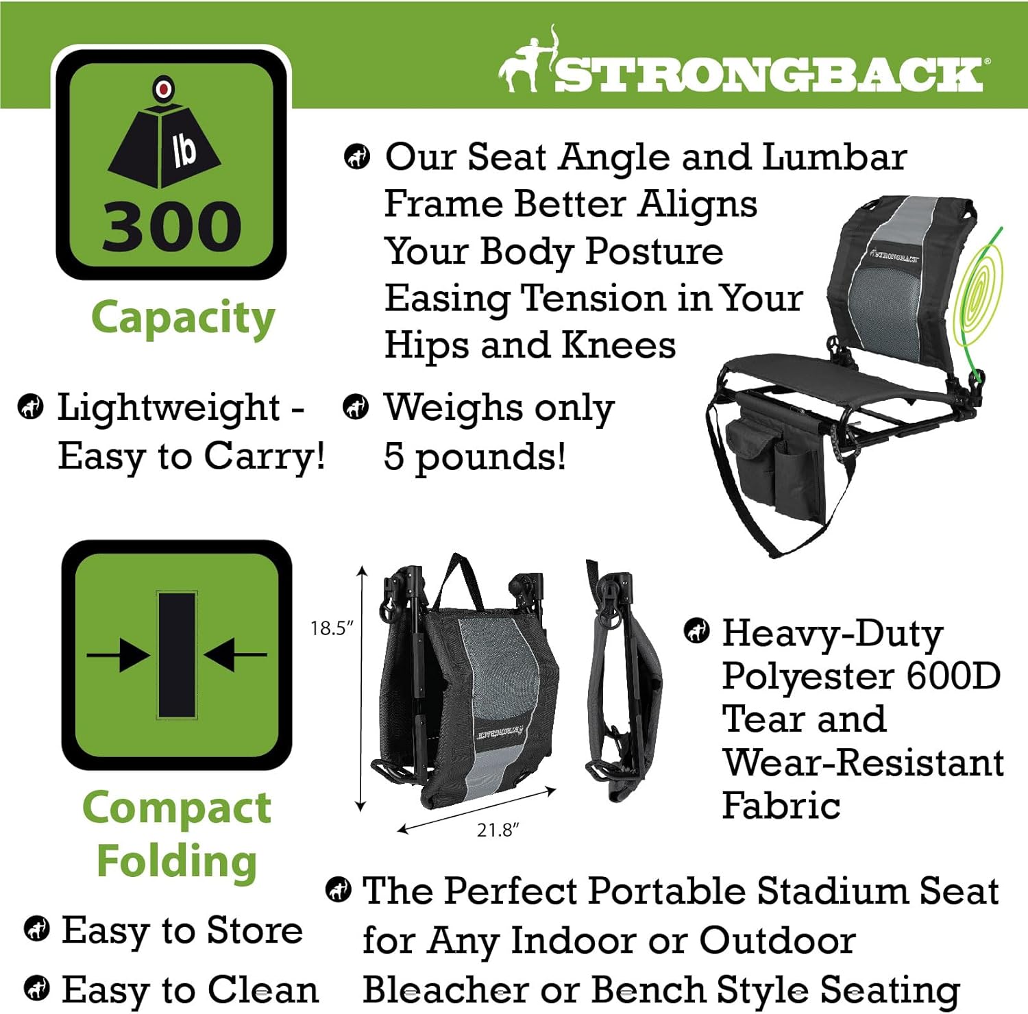 STRONGBACK Asiento de estadio portátil para gradas con reclinación ajustable y soporte trasero