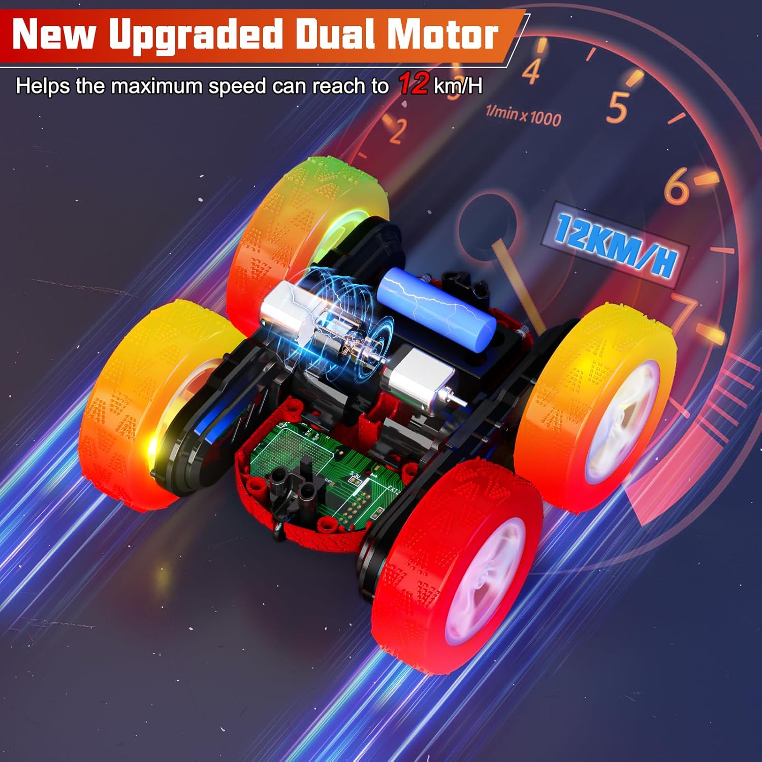 Autos de acrobacias a control remoto de 82.4 F, camión RC recargable 4WD con faros, luces de rueda, auto de juguete de acrobacias de 360 vueltas de
