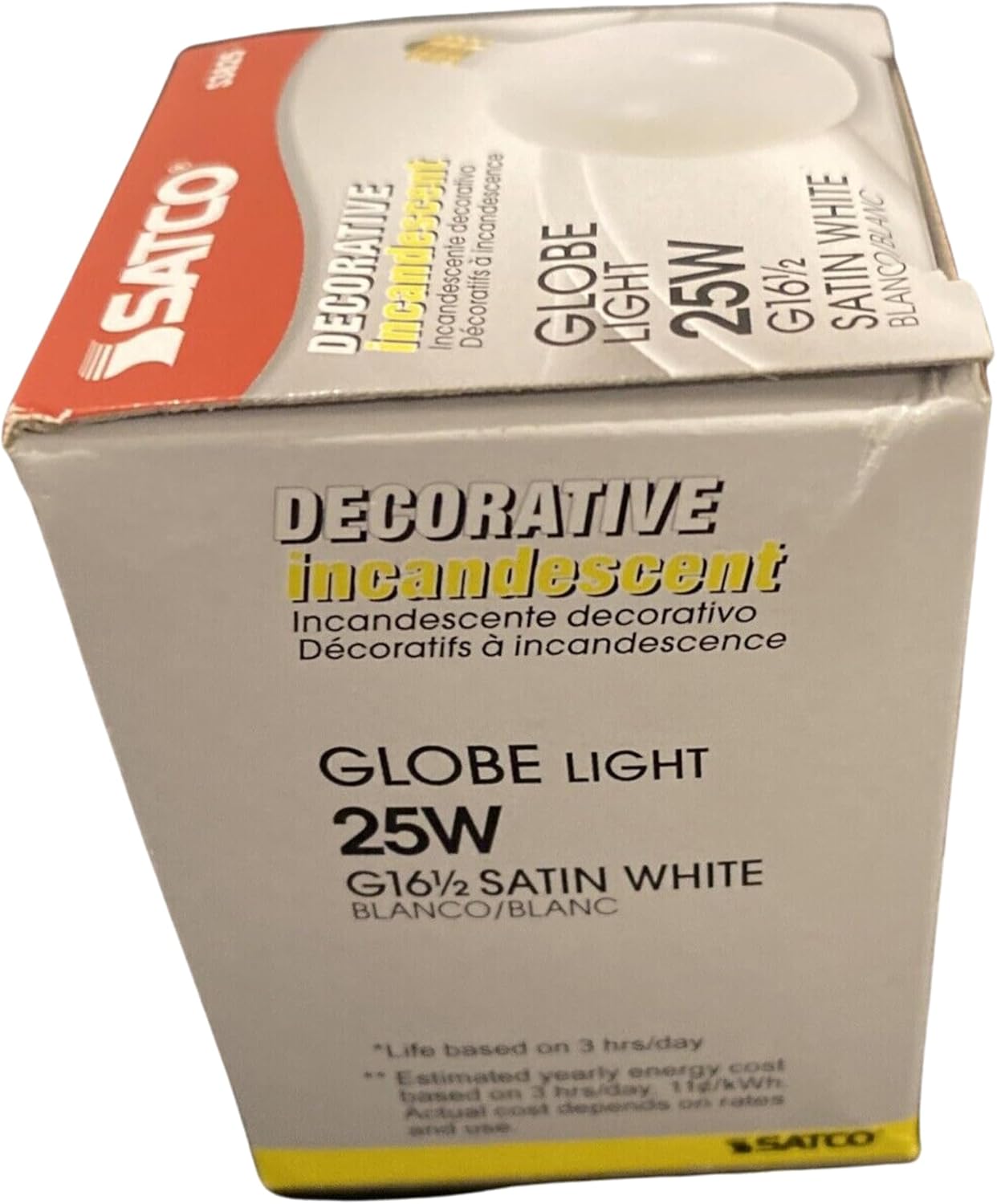Satco S3285 25W G16 12 2RD CAND WHT 25 vatios G16 12 incandescente blanco satinado 1500 horas nominales promedio 202 lúmenes base de candelabro 120