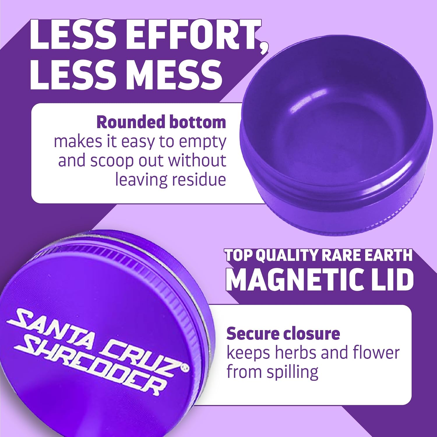 Santa Cruz Shredder Molinillo de hierbas de metal con parte superior moleteada para un agarre más fuerte, 3 piezas, grande de 2.7 pulgadas (morado)