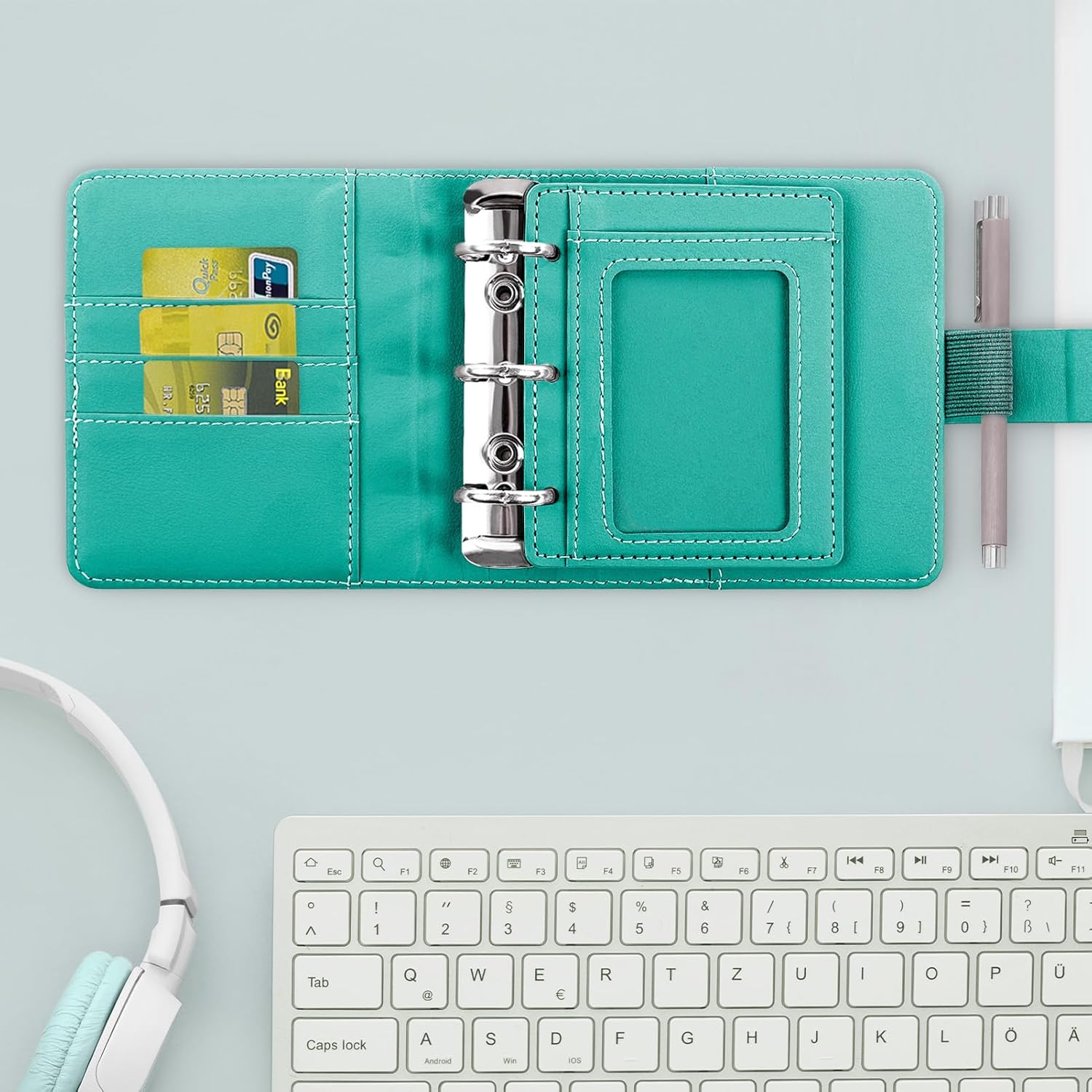 Zuozee Funda pequeña para carpeta de presupuesto, cartera A8 PU con 3 anillos de acero inoxidable, carpeta pequeña con bolsa para tarjetas y lazo