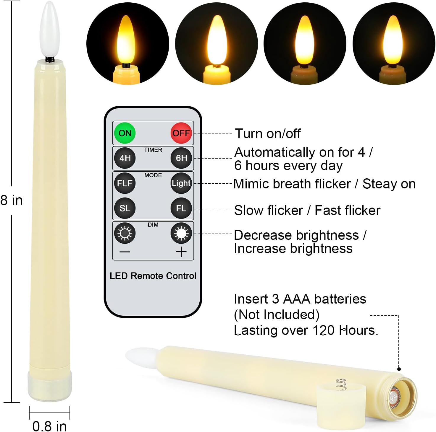 2 PCS LED Flameless Ivory Taper Candles, 8″ Tall Taper Candle Sticks Battery Operated with Remote, 3D Wick Flickering Light Dripless Window Taper