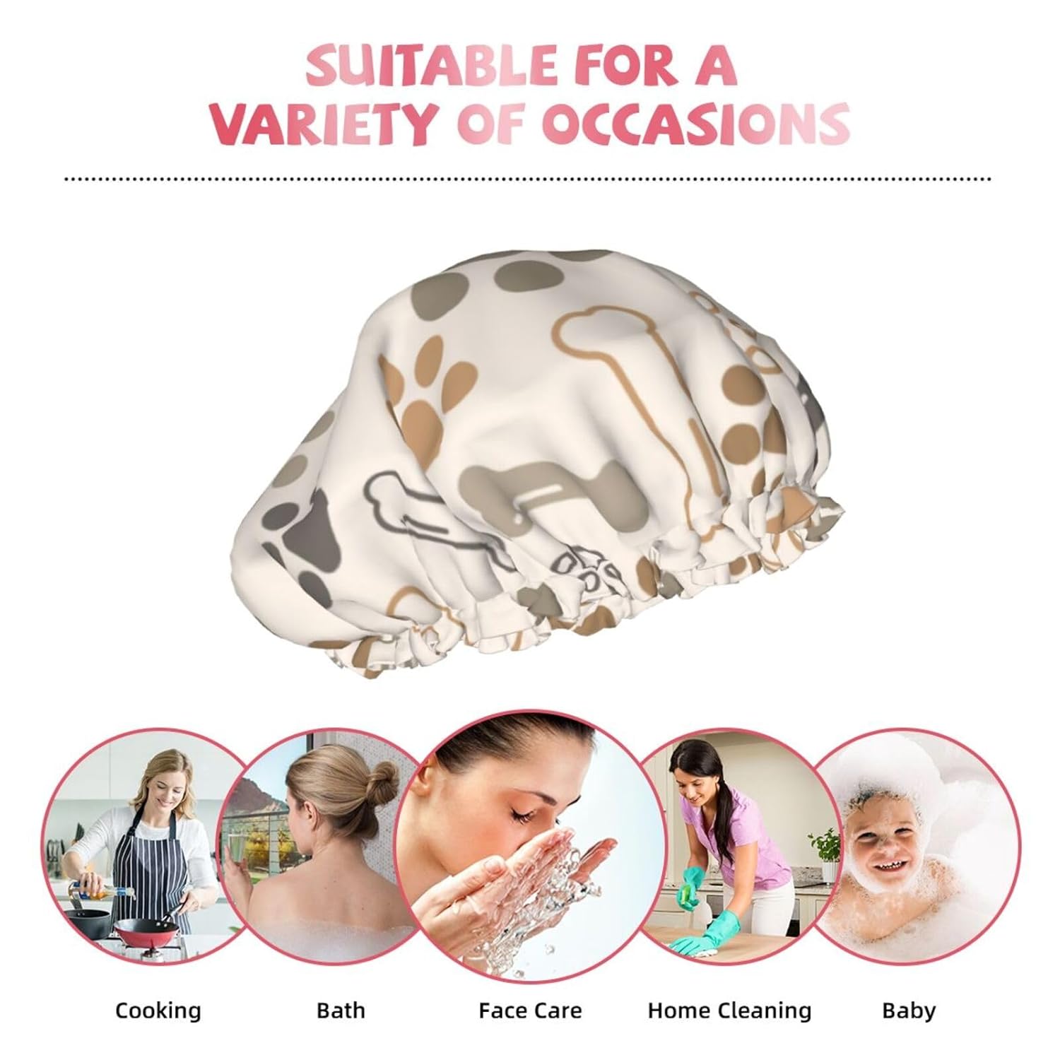Gorro de ducha grande con estampado de patas de perro y gato para mujeres y hombres, gorro de ducha reutilizable impermeable para trenzas y pelo