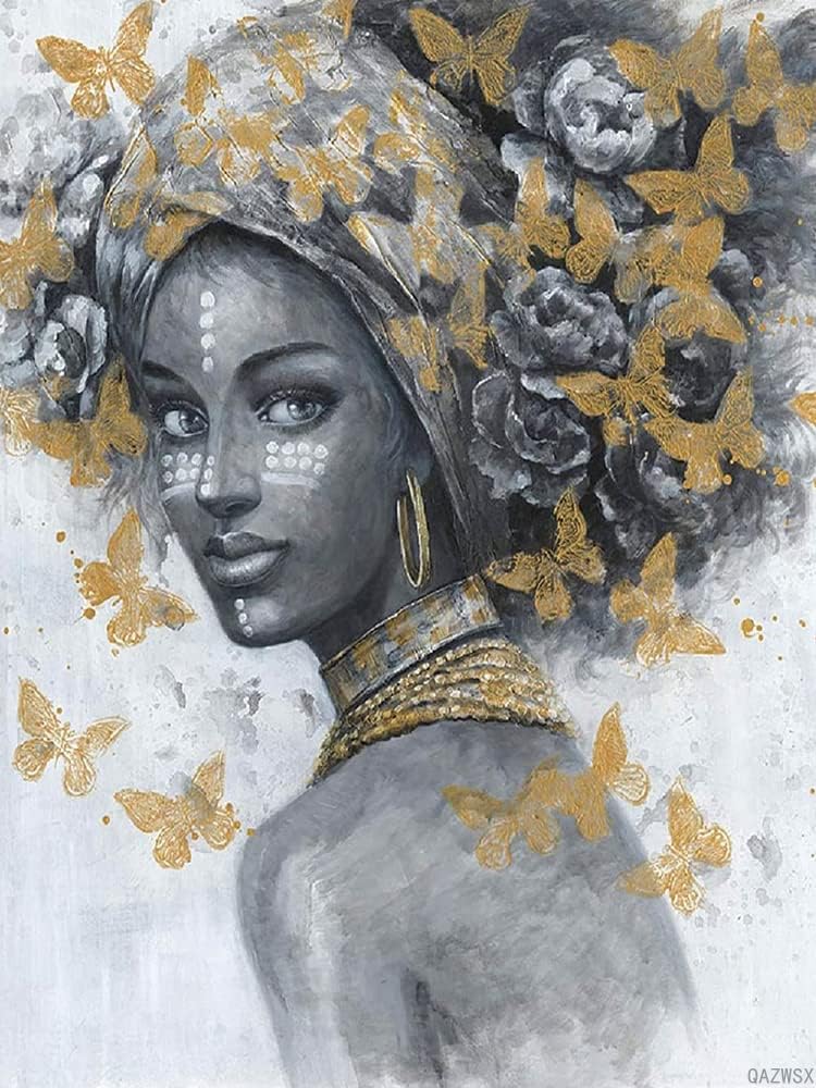 Pintura de diamantes afroamericanos para adultos por números, arte negro africano con diadema india y aretes de mariposa dorada, arte de diamantes