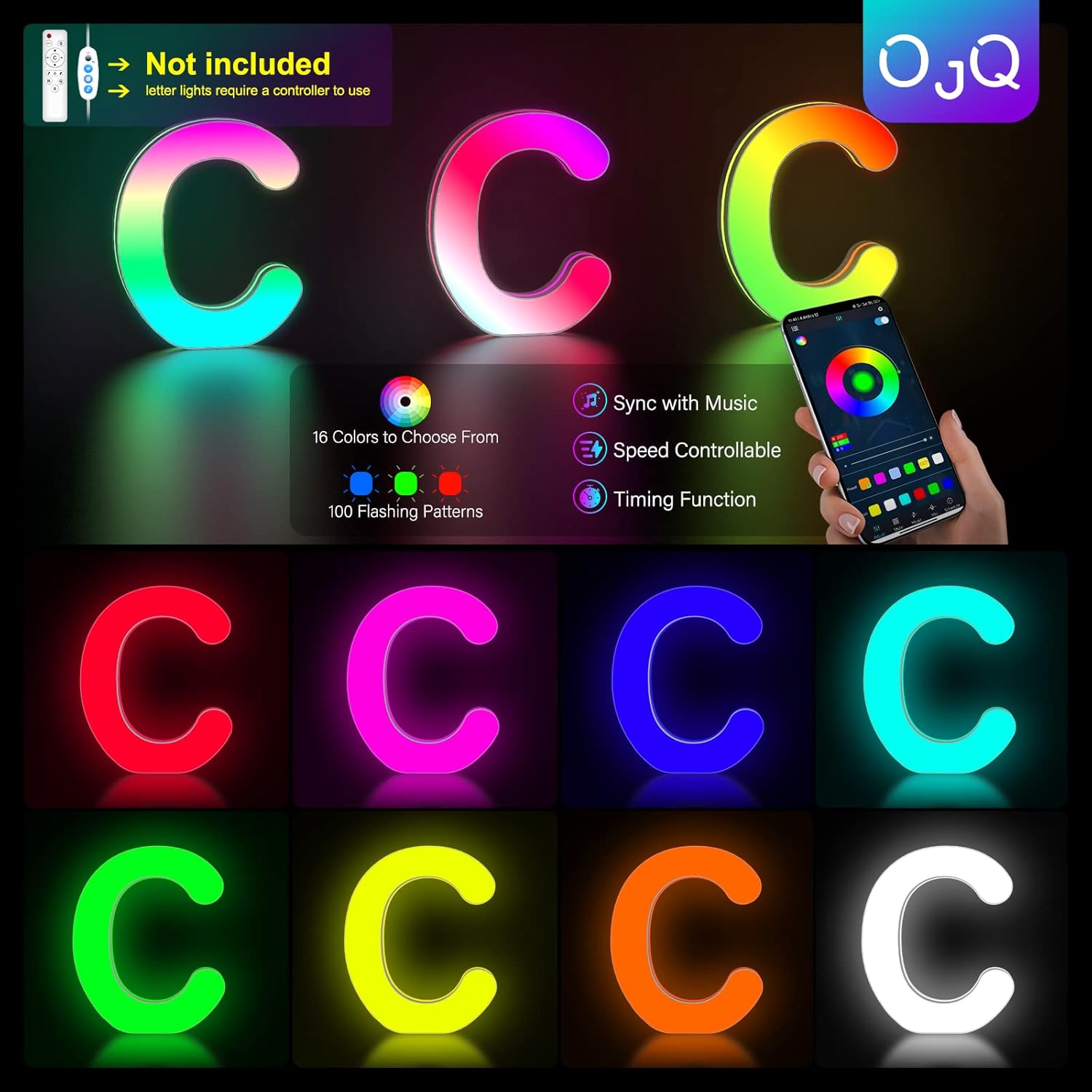 Luces LED con letras RGB, letras iluminadas con brillantina del alfabeto, sincronización de música, letras que cambian de color, para regalo de
