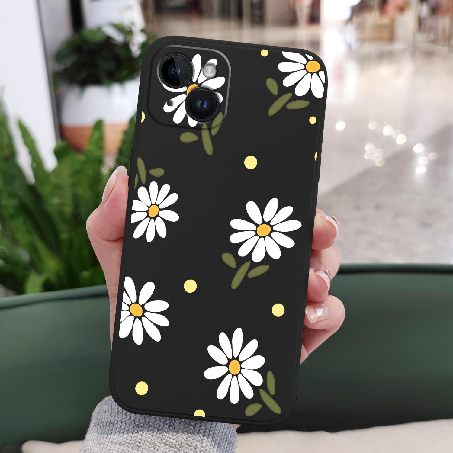LEECG Fundas para iPhone 15 Plus, 15 Plus con diseño de patrón de crisantemo lateral, protector de lente de cámara suave a prueba de golpes para
