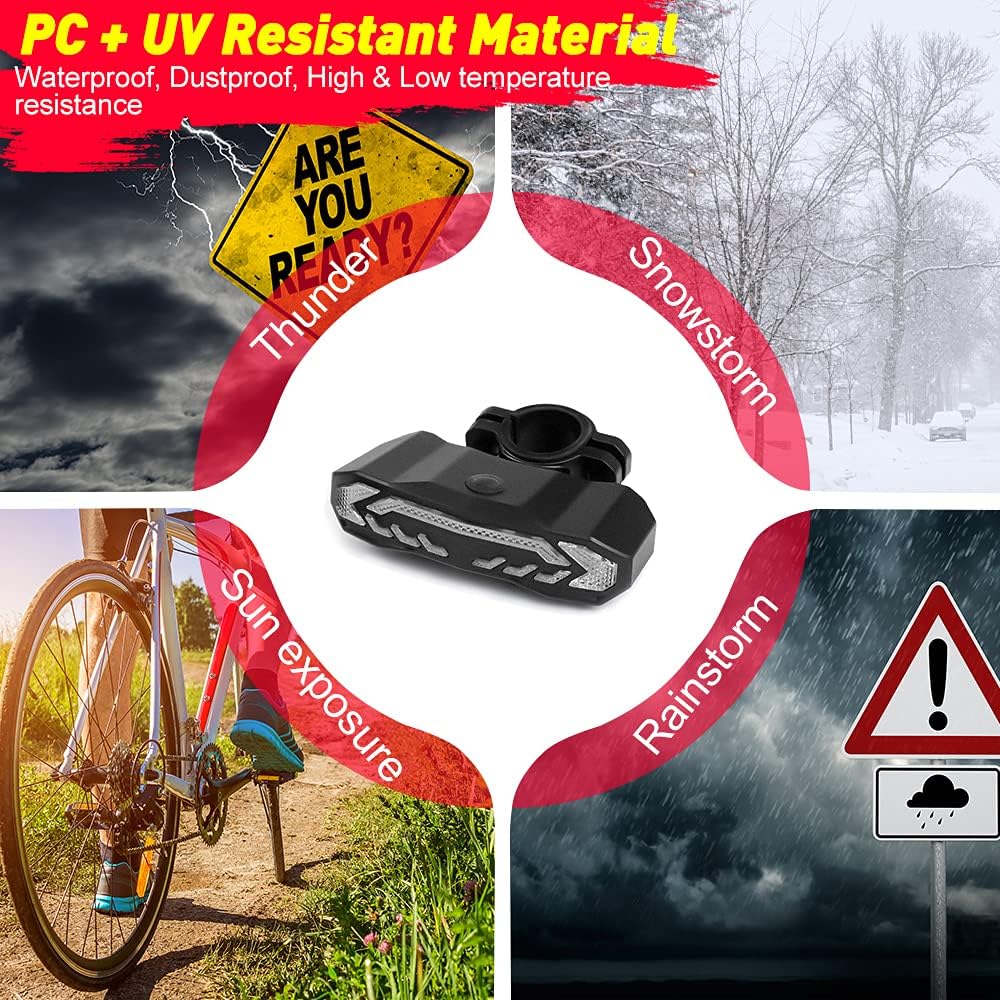 ONVIAN Luz trasera inteligente para bicicleta con señales de giro, alarma de bicicleta con mando a distancia, luz trasera recargable, luces de