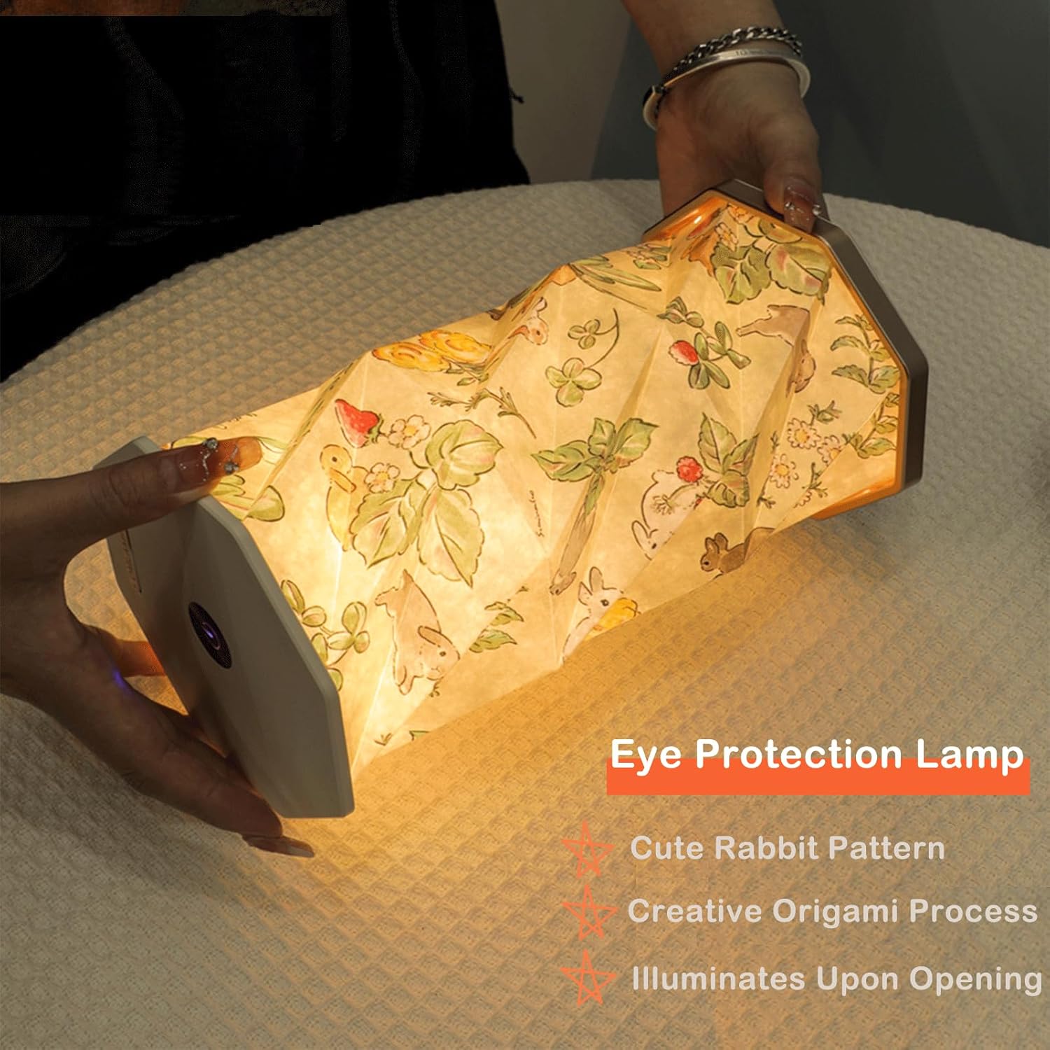 Luz nocturna con asa, bonita lámpara con patrón de conejo, lámpara de escritorio portátil LED, lámpara de escritorio LED recargable, luz decorativa