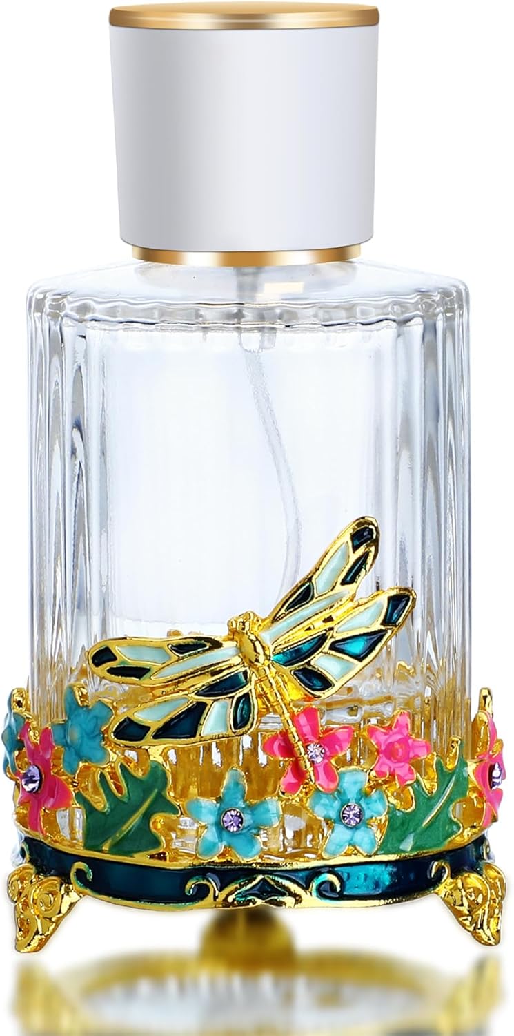YU FENG Botella de perfume vacía de vidrio con libélula decorativa retro recargable portátil ligero recipiente de líquido de vidrio botella
