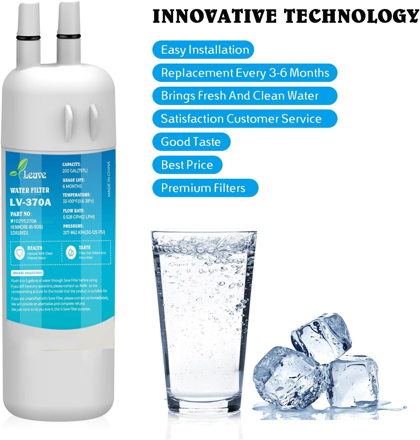 Leave W10295370A Filtro de agua compatible con filtro de agua W10295370A, EDR1RXD1, Filter 1, W10295370, P4RFWB, P8RFWB2L, 46-9930, 46-9081  Paquete