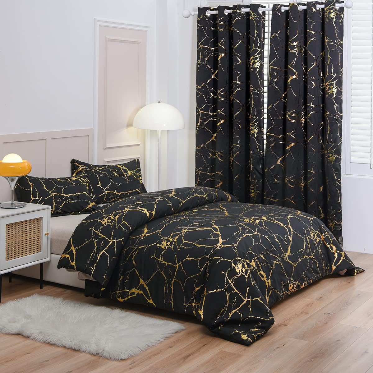 Holawakaka Cortina opaca con ojales de mármol con purpurina metálica dorada para sala de estar, dormitorio, habitación de invitados, decoración del
