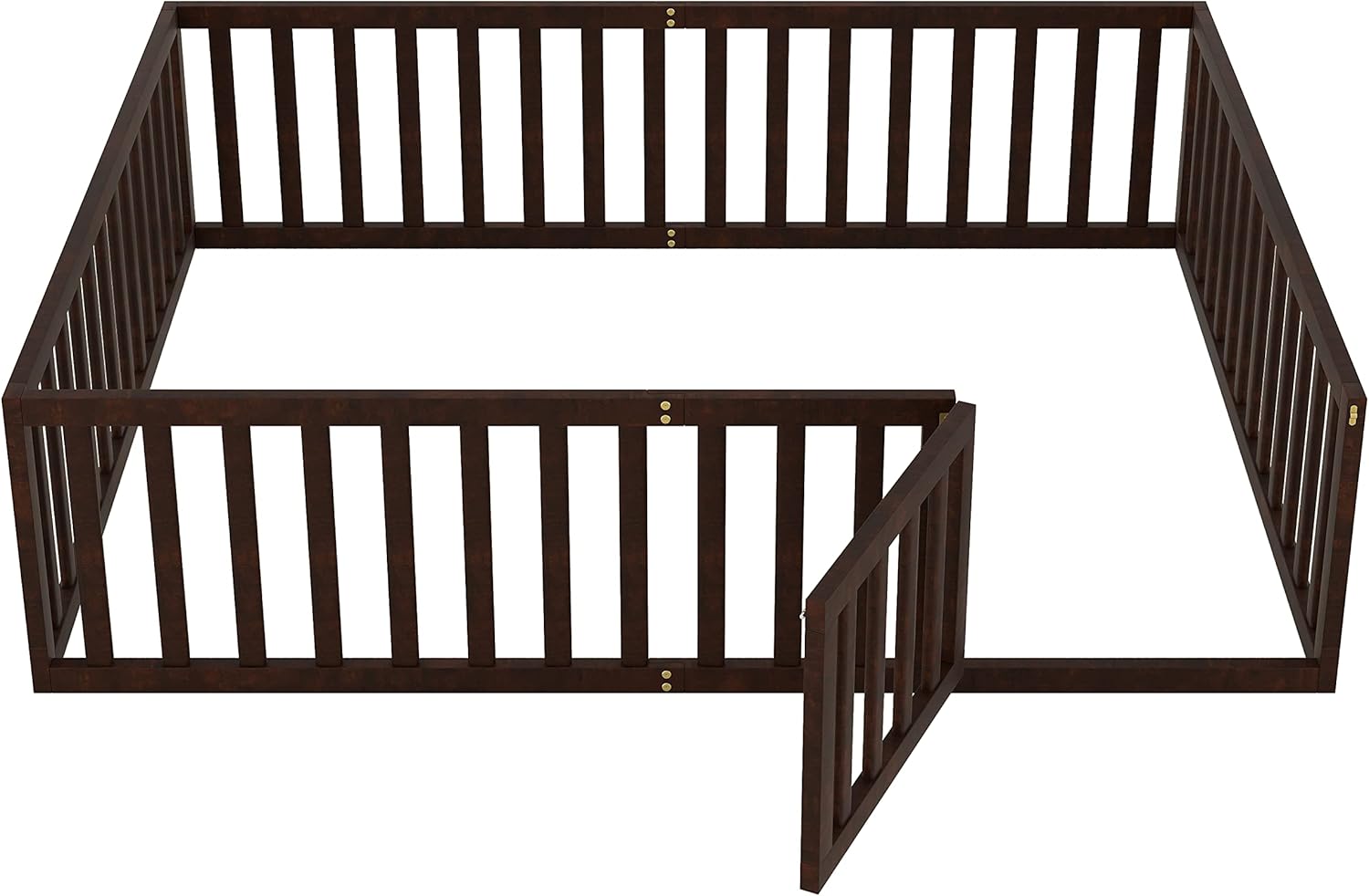 Cama de suelo tamaño Queen para niños, cama Montessori con barandillas en forma de valla y puerta, cama de piso de madera, cama tamaño Queen para