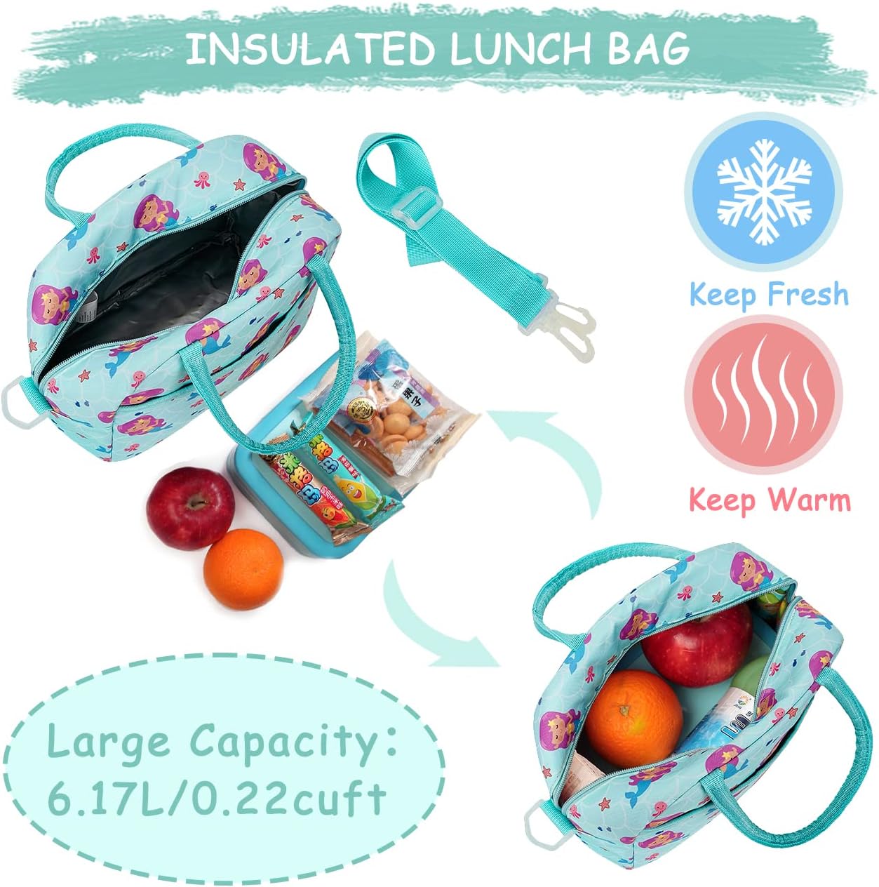 Kasqo Lonchera para niños, bolsa térmica aislada para niñas pequeñas con correa de hombro frontal y bolsillo, sirena