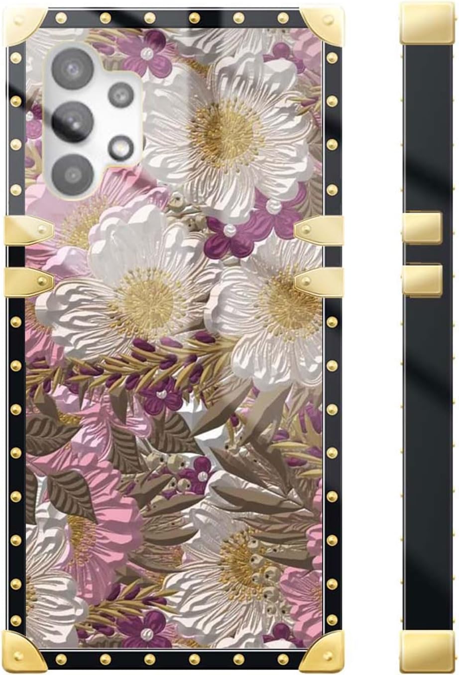 Compatible con Samsung Galaxy A32 5G Pintura al óleo Flores Artísticas Funda de Teléfono Cuadrado Dorado Suave TPU A Prueba de Golpes y Caídas