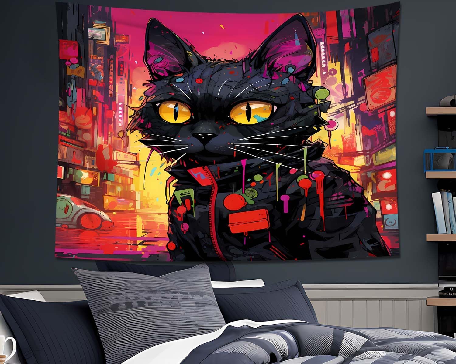 QGHOT Tapiz de gato genial, tapiz de gato para colgar en la pared, diseño de graffiti ciberpunk, gato negro, tapiz de pared para adolescentes,