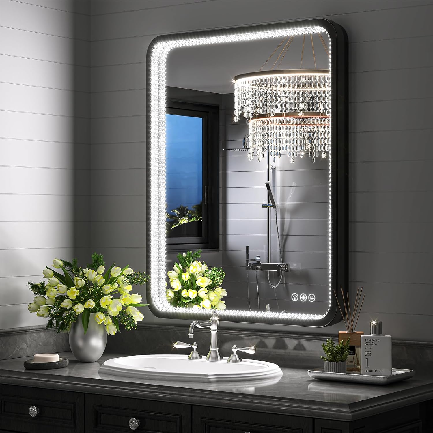Brightify Espejo de baño LED de cristal con luces, 28 x 36 pulgadas, espejo de tocador rectangular con marco de metal de doble capa, antiniebla, 3