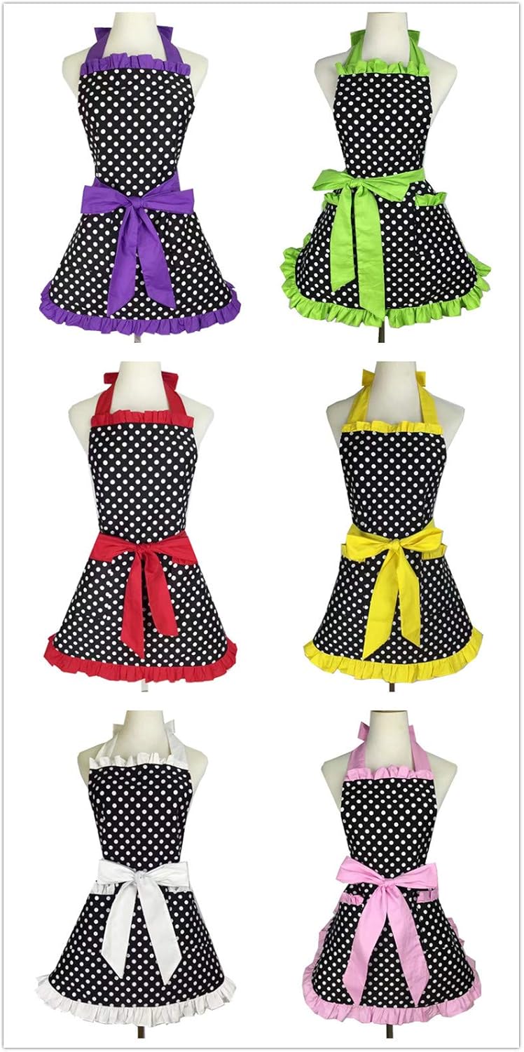 Hyzrz Lindo delantal retro negro con lunares retro con volantes laterales, delantales de cocina vintage con bolsillos para mujeres y niñas (lado