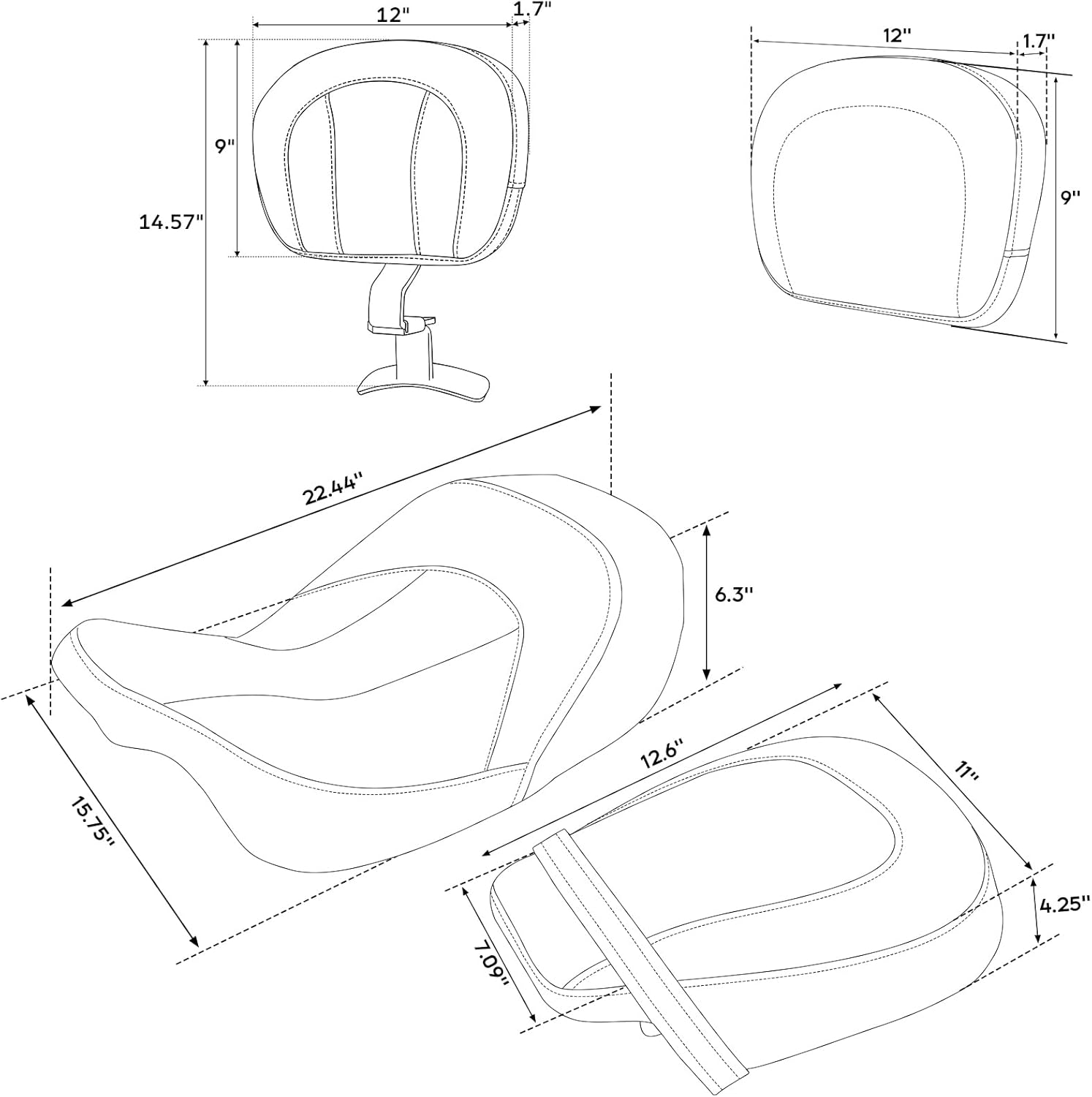 TCT-MOTORPARTS Asiento de pasajero de perfil bajo para motocicleta, respaldo del conductor, barra Sissy para Harley Touring CVO Road King Street
