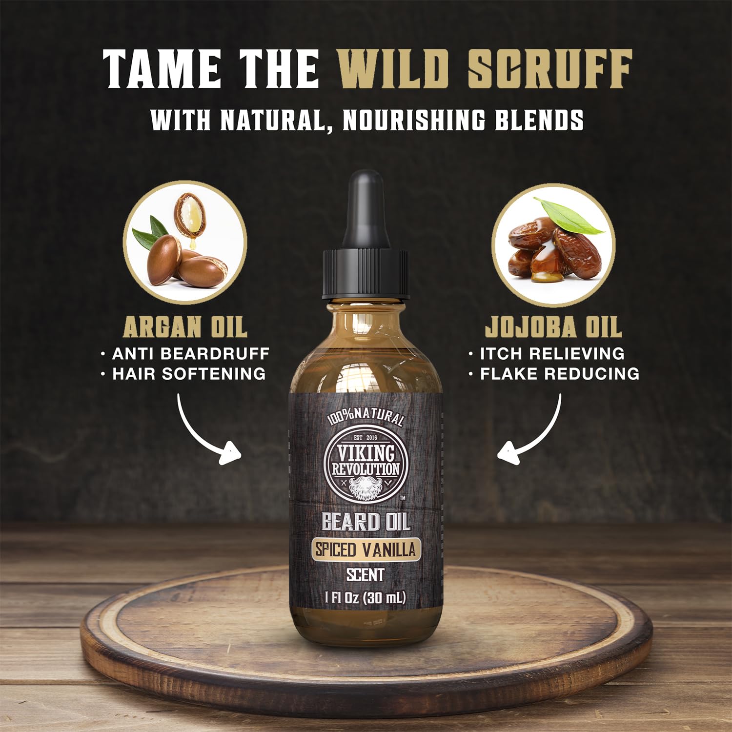 Viking Revolution Aceite de barba de vainilla con especias para hombres, aceite natural para barba con argán y aceite de jojoba, suavizante de