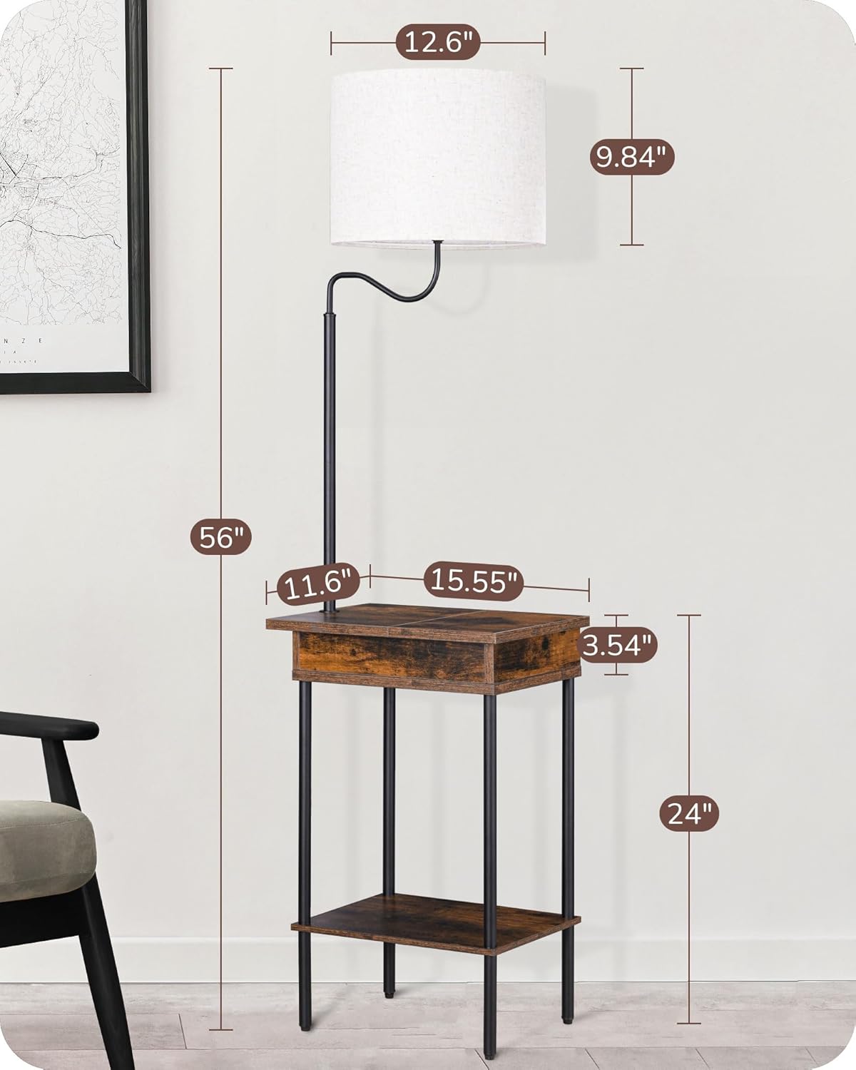 EDISHINE Lámpara de pie con mesa, luz de mesita de noche lateral con 1 cajón y 1 estante, lámpara de pie con estante de noche, mesa auxiliar pequeña
