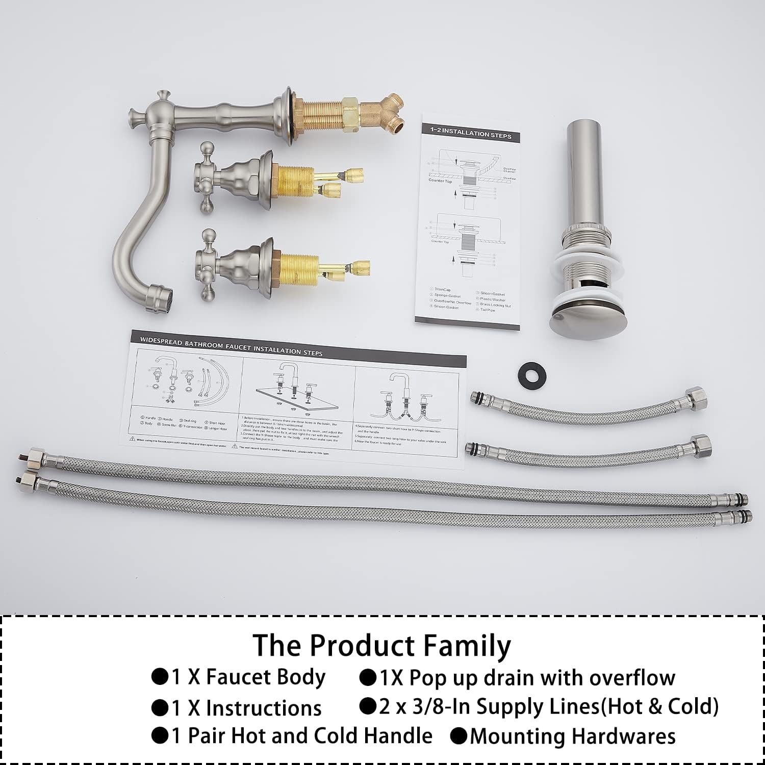 GGStudy – Grifo mezclador de 2 manijas para lavabo de tres agujeros, para lavabo de baño extendido de 8 a 16 pulgadas, con desagüe de metal que se