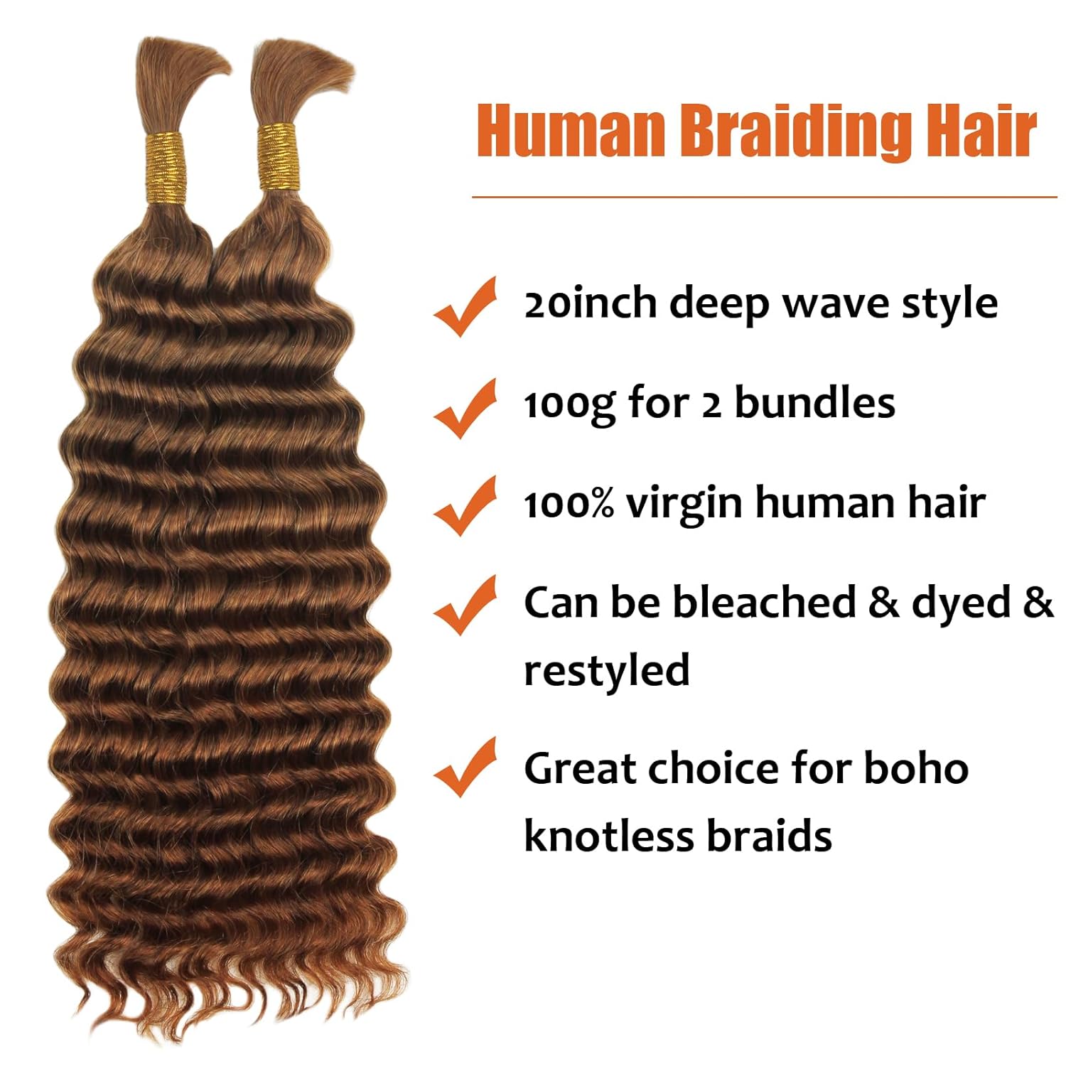 Cabello humano trenzado a granel, cabello humano virgen ondulado profundo, cabello trenzado para trenzas bohemias bohemias sin nudos, marrón, sin