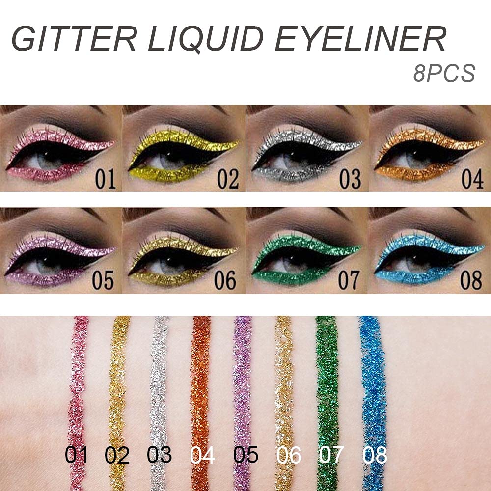 Delineador de ojos con purpurina líquida de 8 colores, juego de maquillaje de delineador de ojos brillante, morado claro, dorado, blanco plateado,