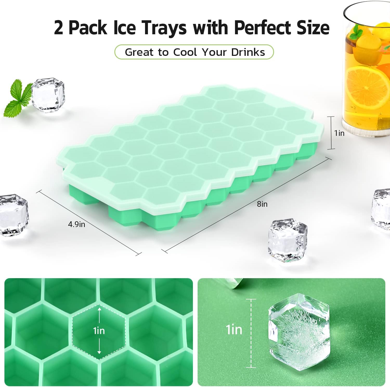 Bandeja de cubitos de hielo de silicona flexible de 76 cubos, bandejas de hielo, congelador para bebidas frías, cócteles de whisky, paquete de 2,