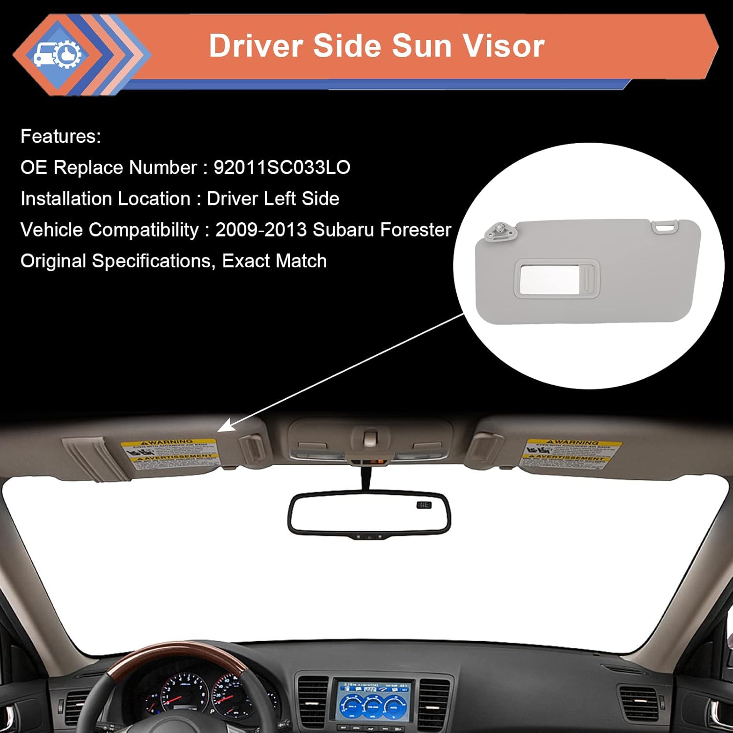ZONFANT Parasol para el lado izquierdo del conductor gris compatible con Subaru Forester 2009, 2010, 2011, 2012, 2013, repuesto # 92011SC033LO