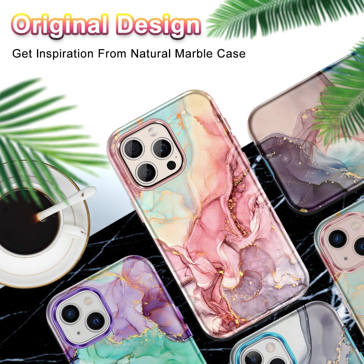 Btscase Funda para iPhone 15 Pro Max de 6.7 pulgadas (2023), patrón de mármol 3 en 1 resistente cuerpo completo a prueba de golpes PC duro +