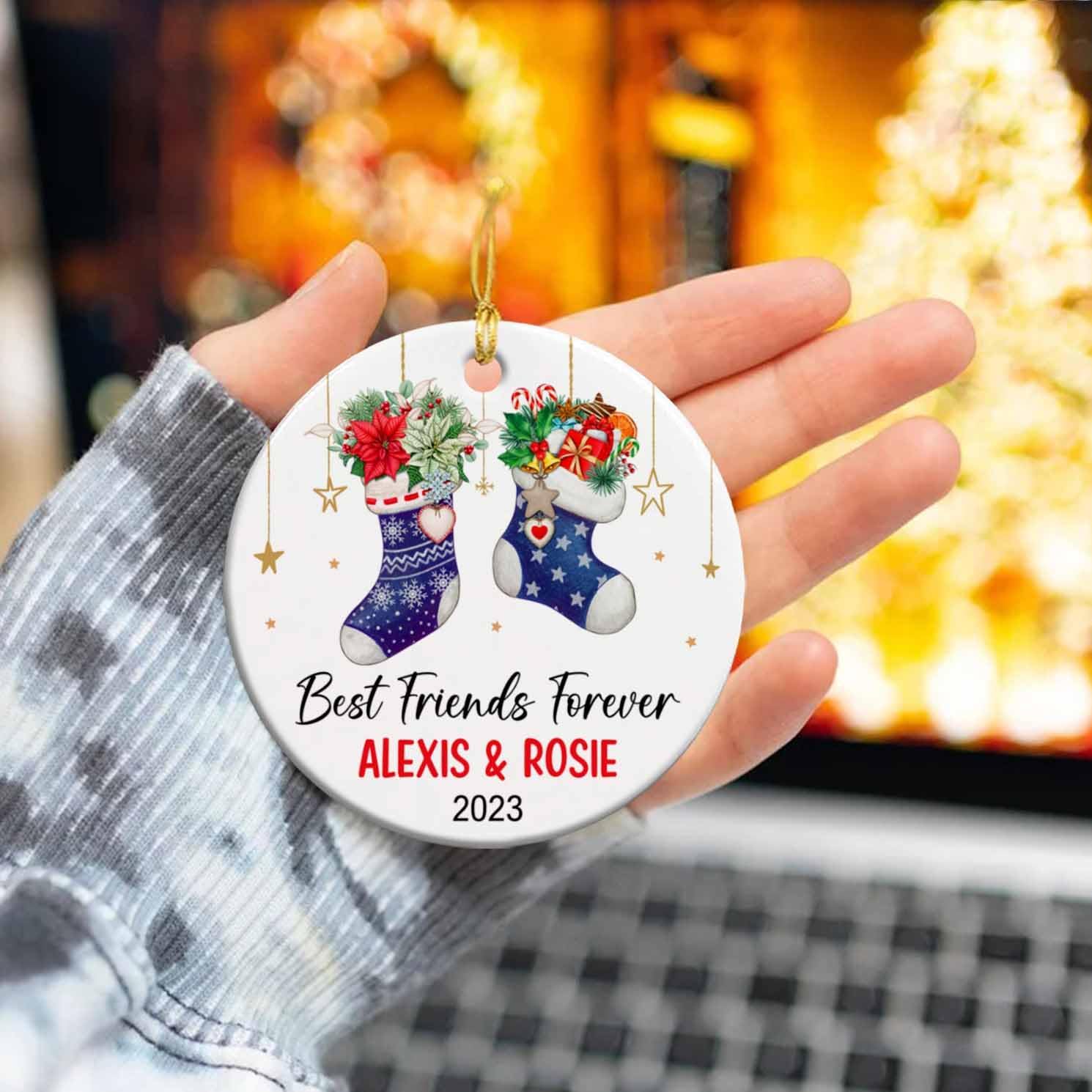 Adorno personalizado para mejores amigos para siempre, nombres personalizados y Año BFF, vacaciones de Navidad, calcetines de amigos, adorno de