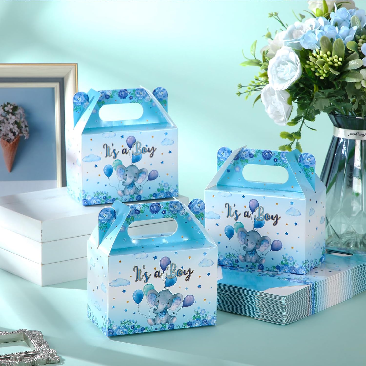 Moukeren 36 cajas de recuerdos de fiesta con temática de elefante para baby shower, decoración de cajas de galletas de elefante, bonitas cajas de