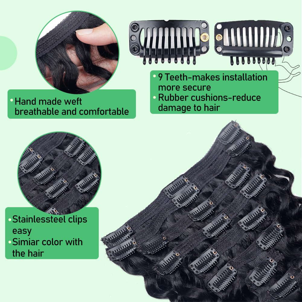 Extensiones de cabello humano real de onda profunda con clip, para mujeres negras, 8 unidades, extensiones de cabello humano Remy brasileño con 18