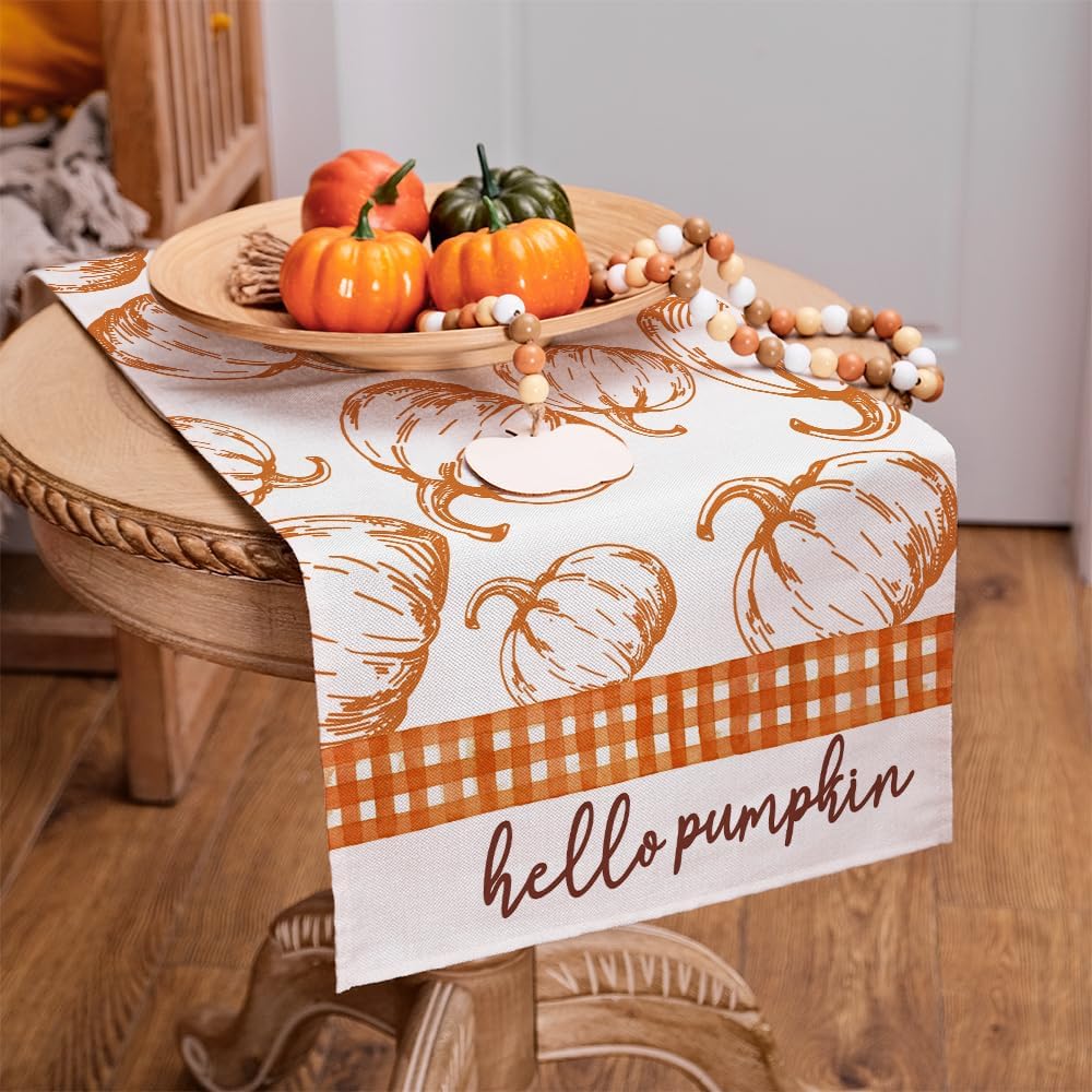 ARKENY Camino de mesa de Acción de Gracias de 13 x 60 pulgadas, naranja Hello Pumpkin, arpillera de temporada para interiores y otoño, camino de